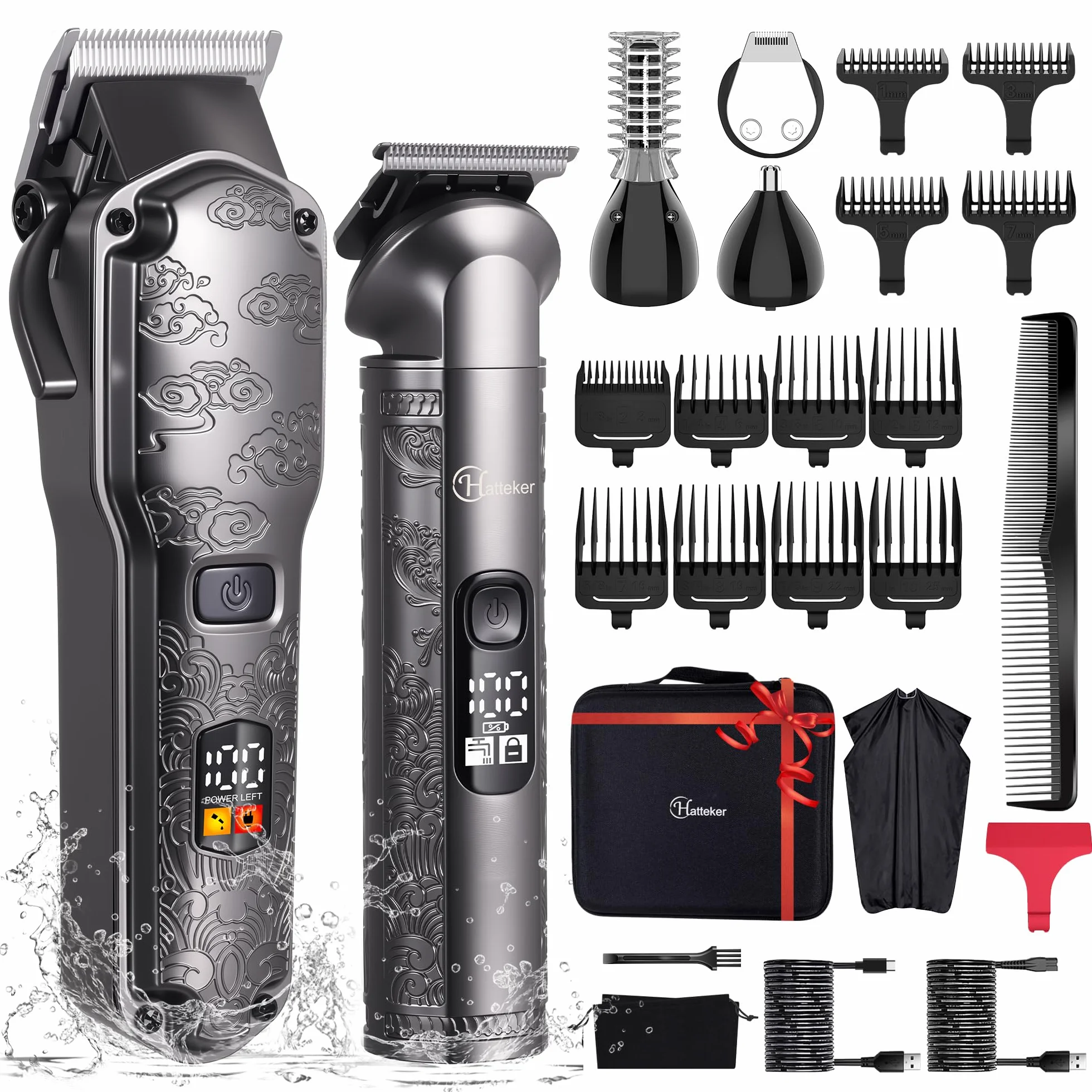 Hatteker Tondeuse à cheveux professionnelle pour hommes Set tondeuse barbe cheveux T-Blade Trimmer lavable sans fil