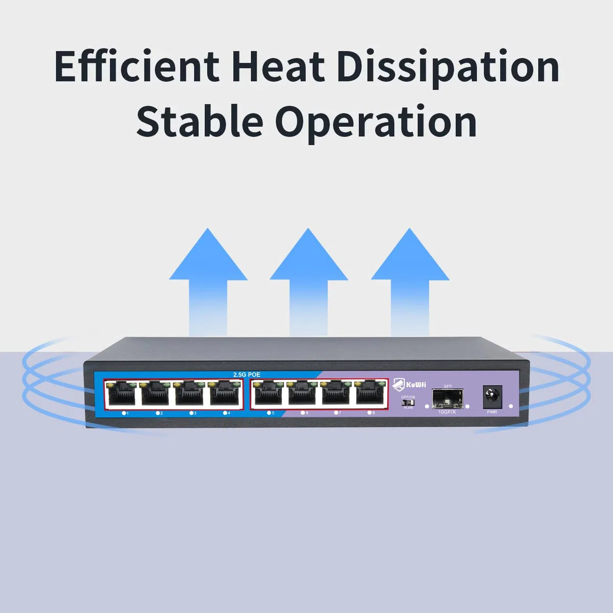 KuWFi HG0801-P 2.5 Gigabit Ethernet Switch 8 Ports PoE, 1 SFP 10G Port, 60Gbps, Plug & Play, Desktop Or Wall Mount, Ideal for WiFi IP/AP Monitoring, Office, School, Hospital