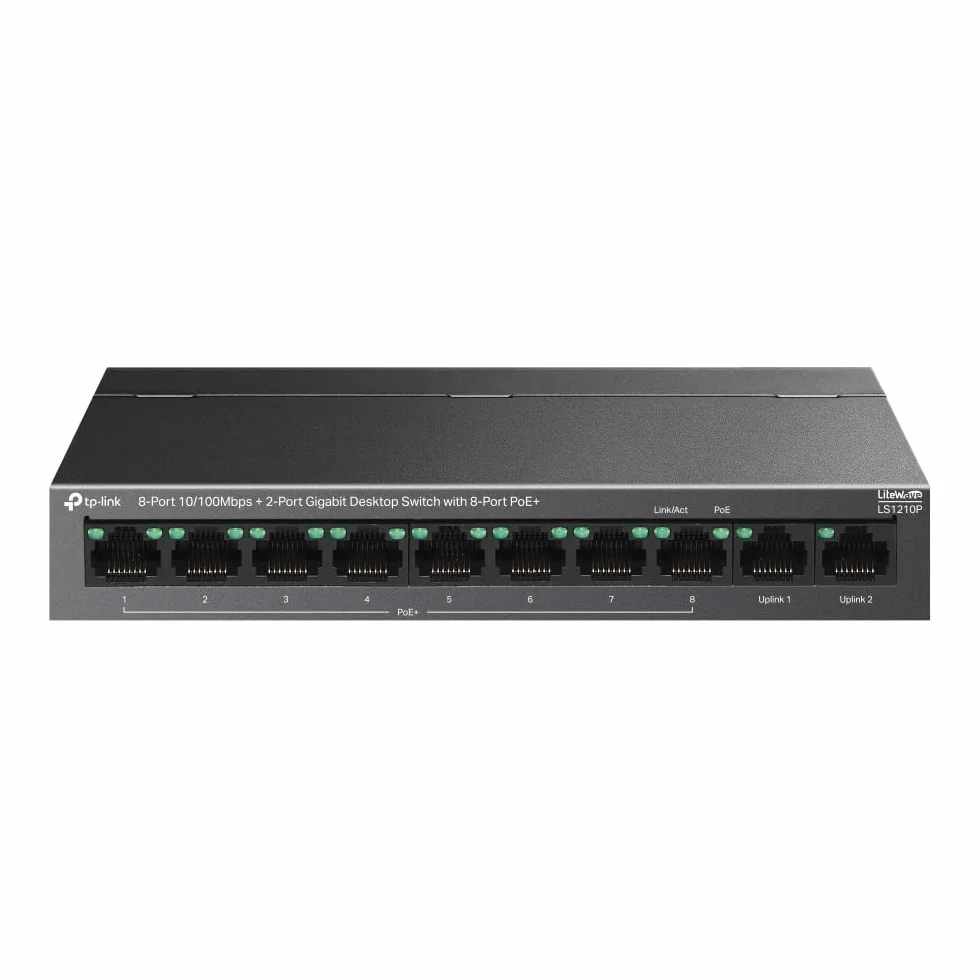TP-Link LS1210P Switch de bureau 10 ports avec PoE 8 ports + 2 ports de liaison montante Gigabit, budget de 96 W, mode d'extension de 250 m
