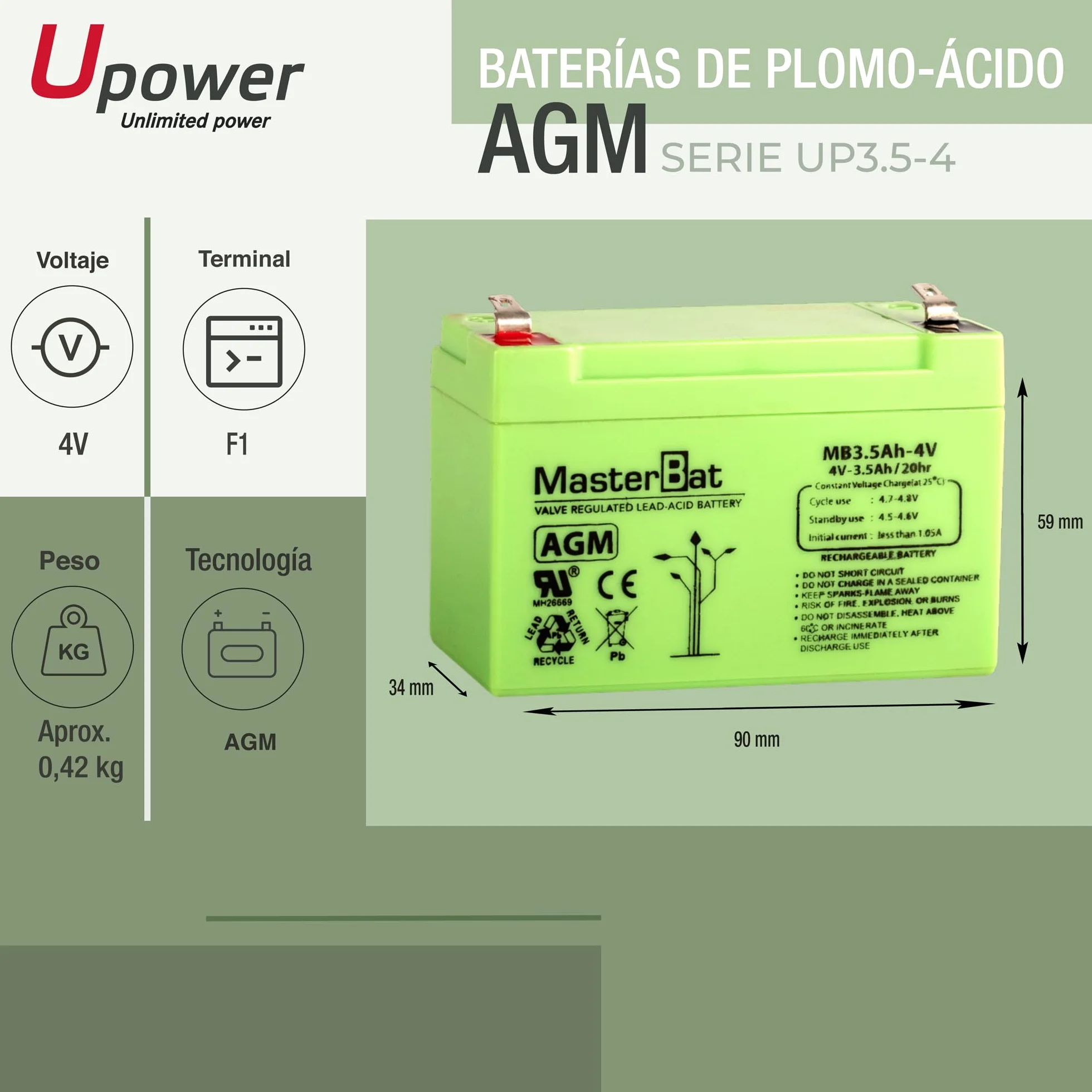 Master U-Power Batterie AGM 3,5 Ah 4 V