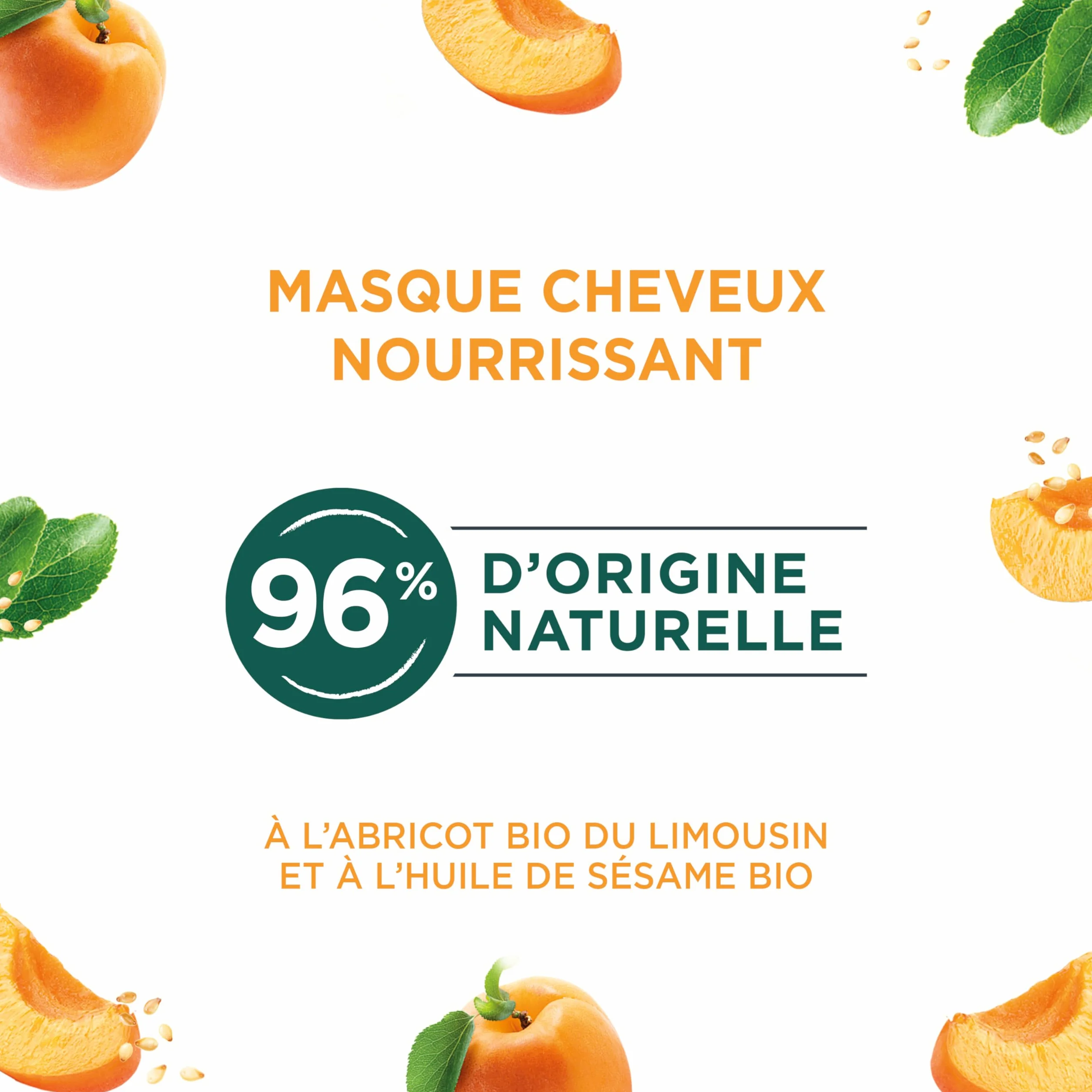 Naturé Moi Masque Cheveux Nourrit Répare Cheveux Secs Abîmés Abricot Huile de Sésame Bio 96% d'Origine Naturelle 300 ml Fabriqué en France