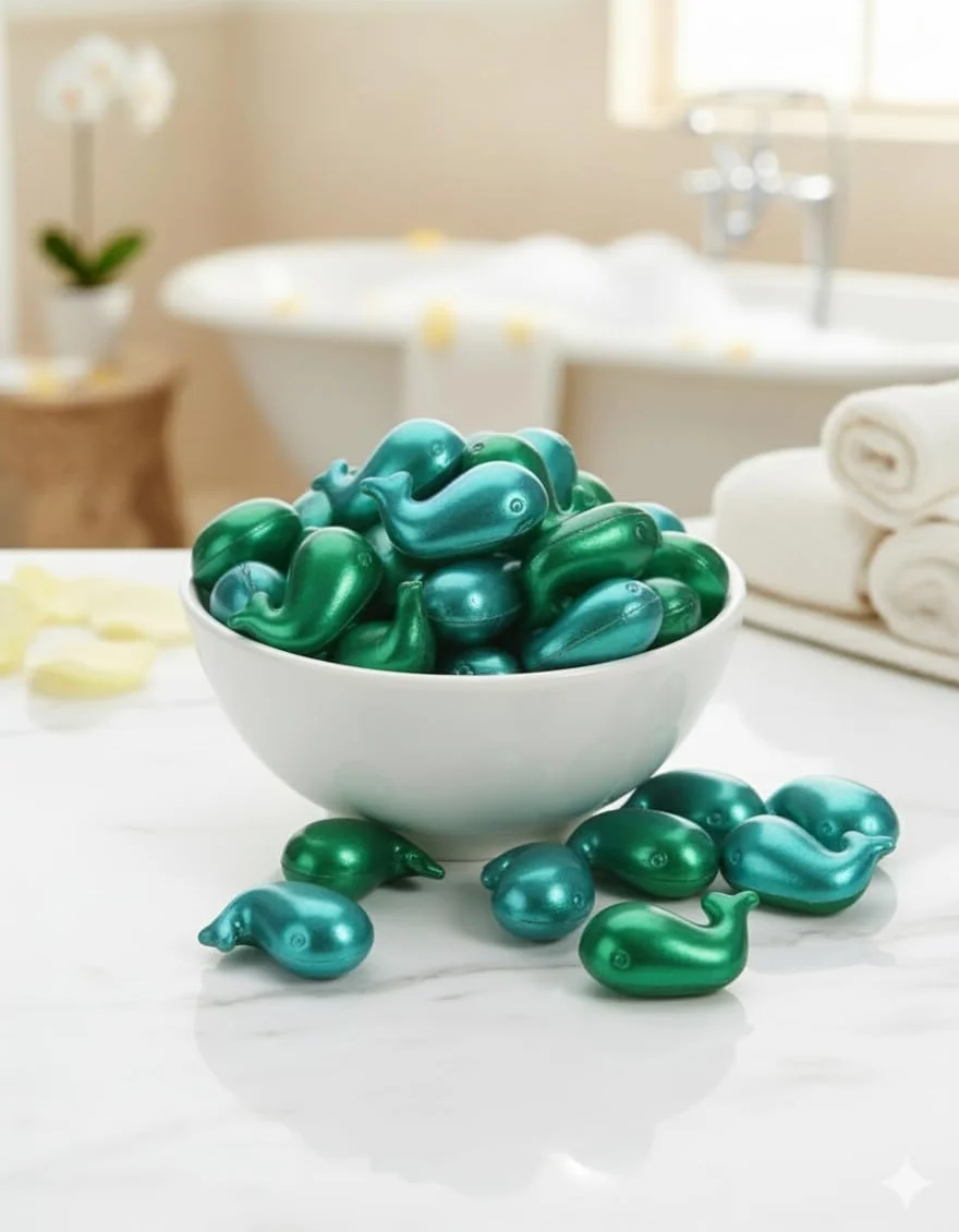 Perles de Bain Animaux Baleine Monoï Fabrication Française Sans Paraben Huile de Soin Hydratante