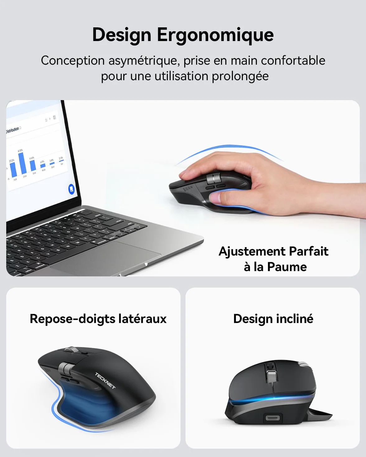 TECKNET Souris Bluetooth sans Fil Ergonomique 3 Modes BT5.0/2.4G Rechargeable 4800 DPI Silencieuse Noir