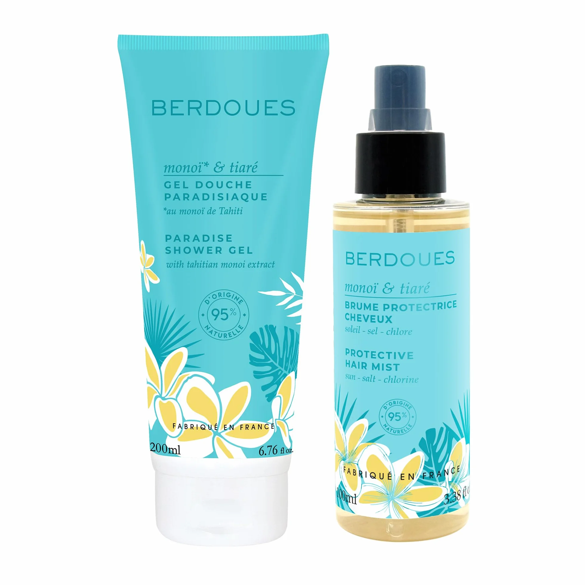 BERDOUES Brume parfumée protectrice cheveux 100 ml Gel douche 200 ml Parfum Monoï Tiaré femme 95% d'origine naturelle Vegan Made in France