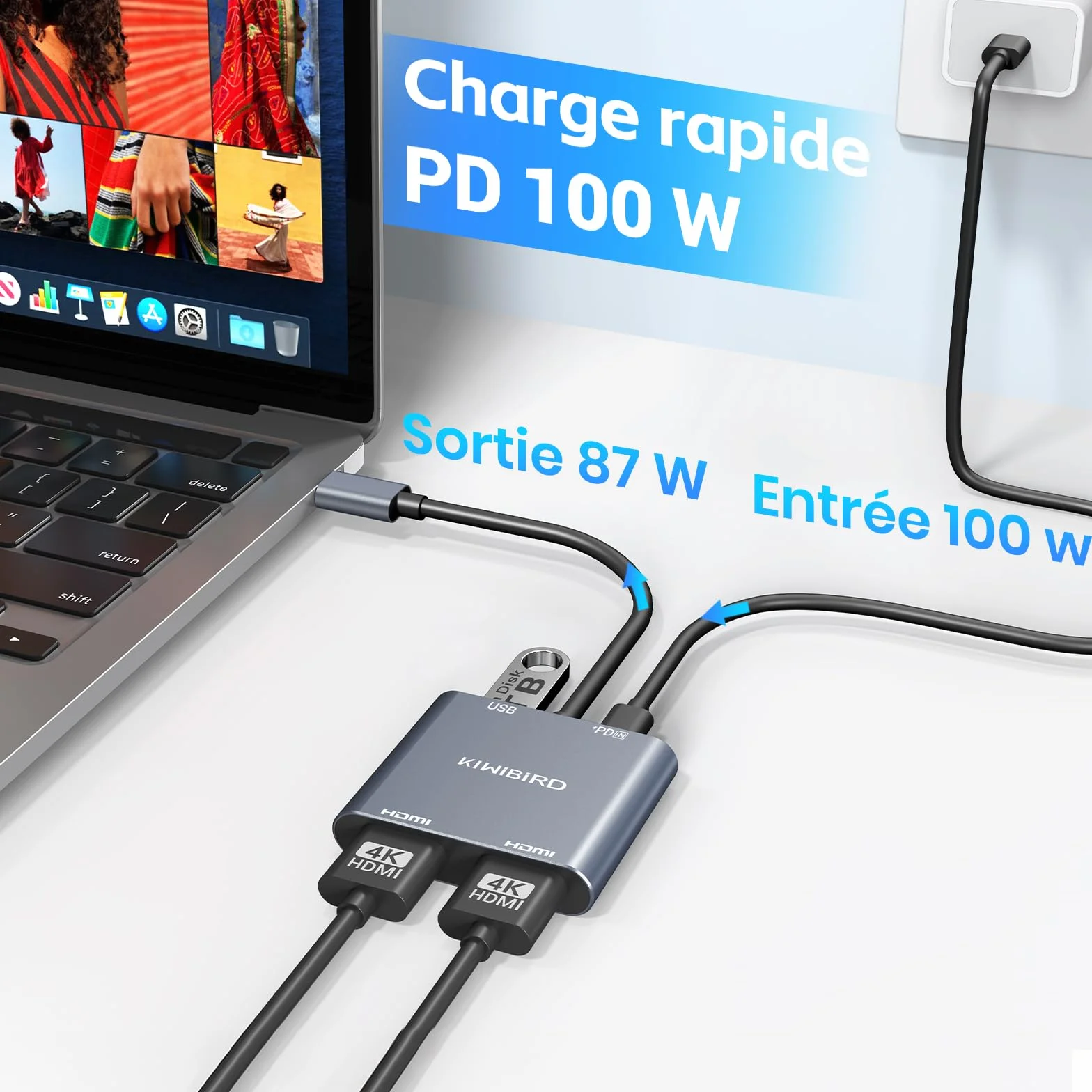 KiWiBiRD Double adaptateur HDMI pour 2 moniteurs 4K 100W PD HDCP USB C vers HDMI Splitter écran étendu