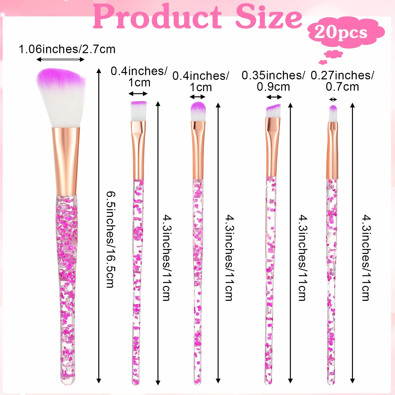 Lot de 20 pinceaux de maquillage en cristal pailleté pour correcteur, fard à paupières, eyeliner et fond de teint