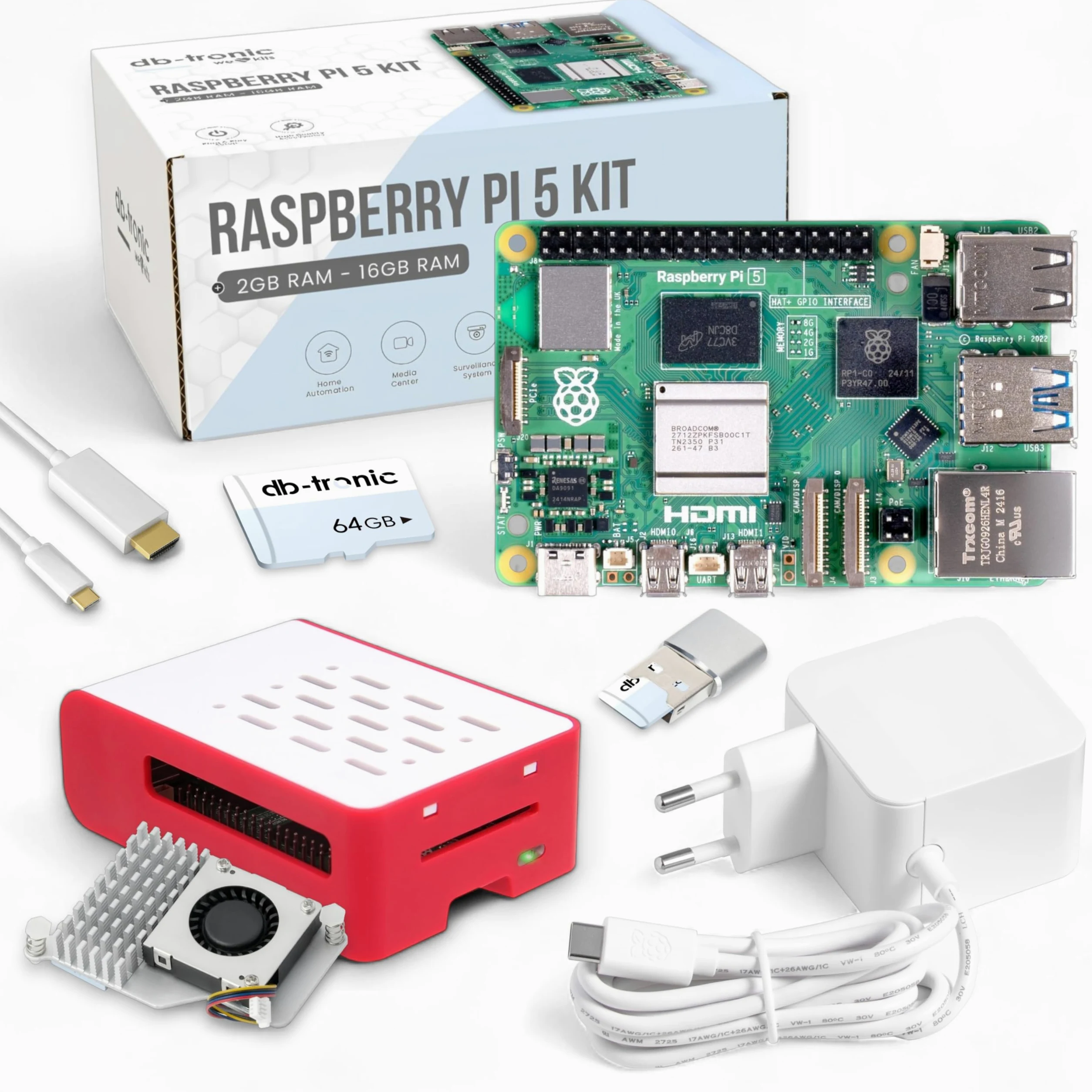 db-tronic Raspberry Pi 5 4 Go Cooler Kit | Édition 64 Go | Alimentation 27 W | Boîtier Airflow | Refroidissement Actif | Micro HDMI | idéal pour Home Assistant et Le Smart Home