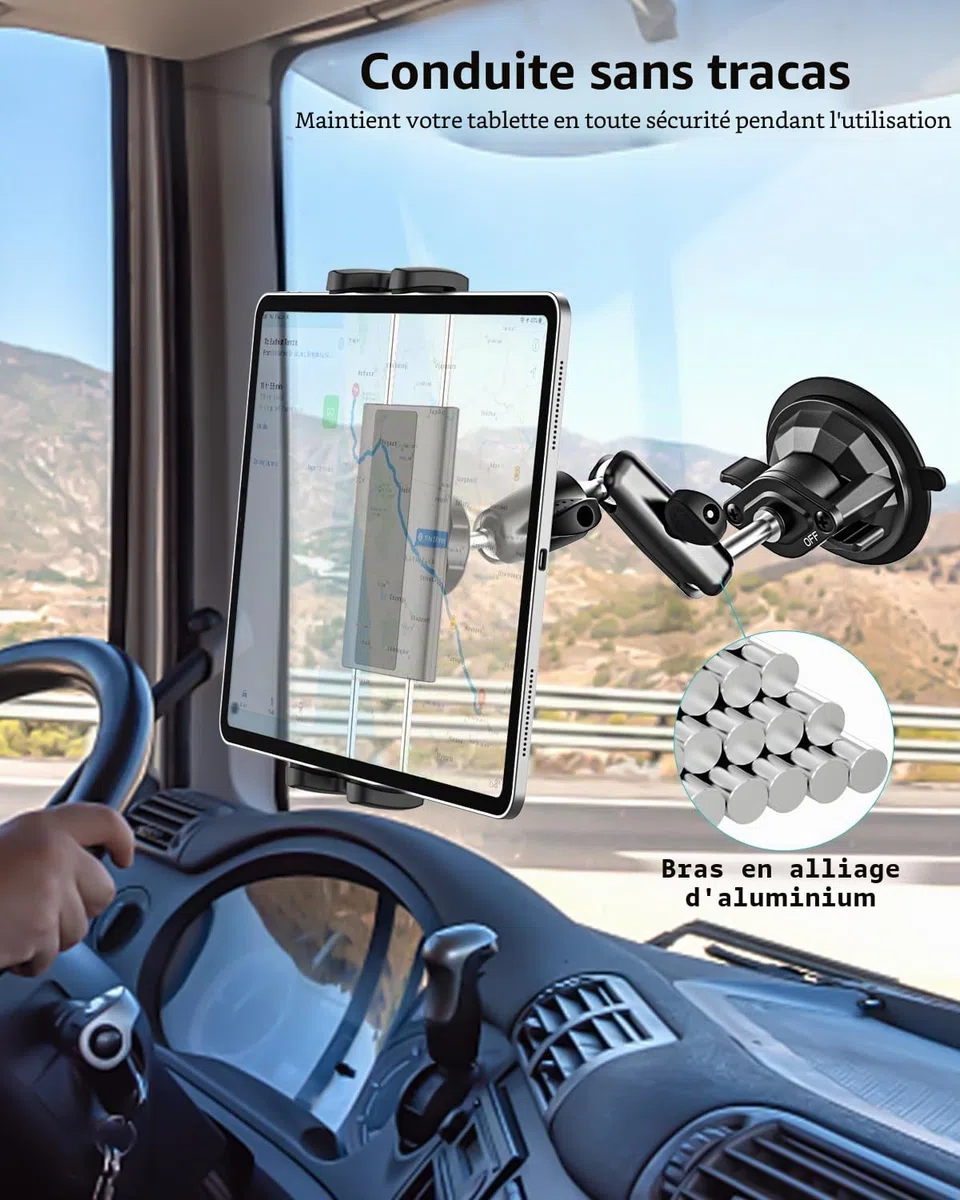 Support Tablette Pare-Brise Tracteur, Robuste Support Tablette Ventouse Tracteur Agricole, Bras Métallique Rotatif 360 degrés, Porte pour iPad Pro 12.9 11 Air Mini, Galaxy Tab, iPhone, 4 à 13"