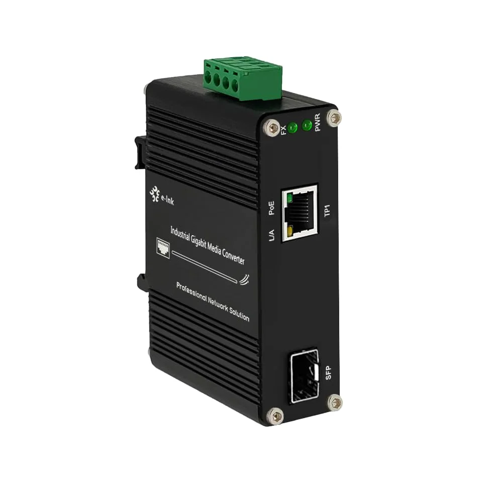 E-link 2 ports PoE++ Gigabit Ethernet industriel (10/100/1000BASE-T port RJ45 + 100Base-FX ou 1000Base-X SFP), IEEE802.3af/at/bt, 60 W, 12-48 V DC d'alimentation