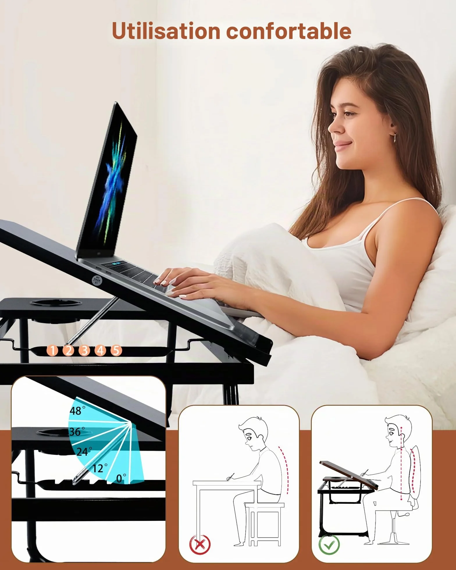 Plateau de Lit Pliable 55.5x32x25cm Table de Lit Support Ordinateur Portable 5 Positions 20kg Noir