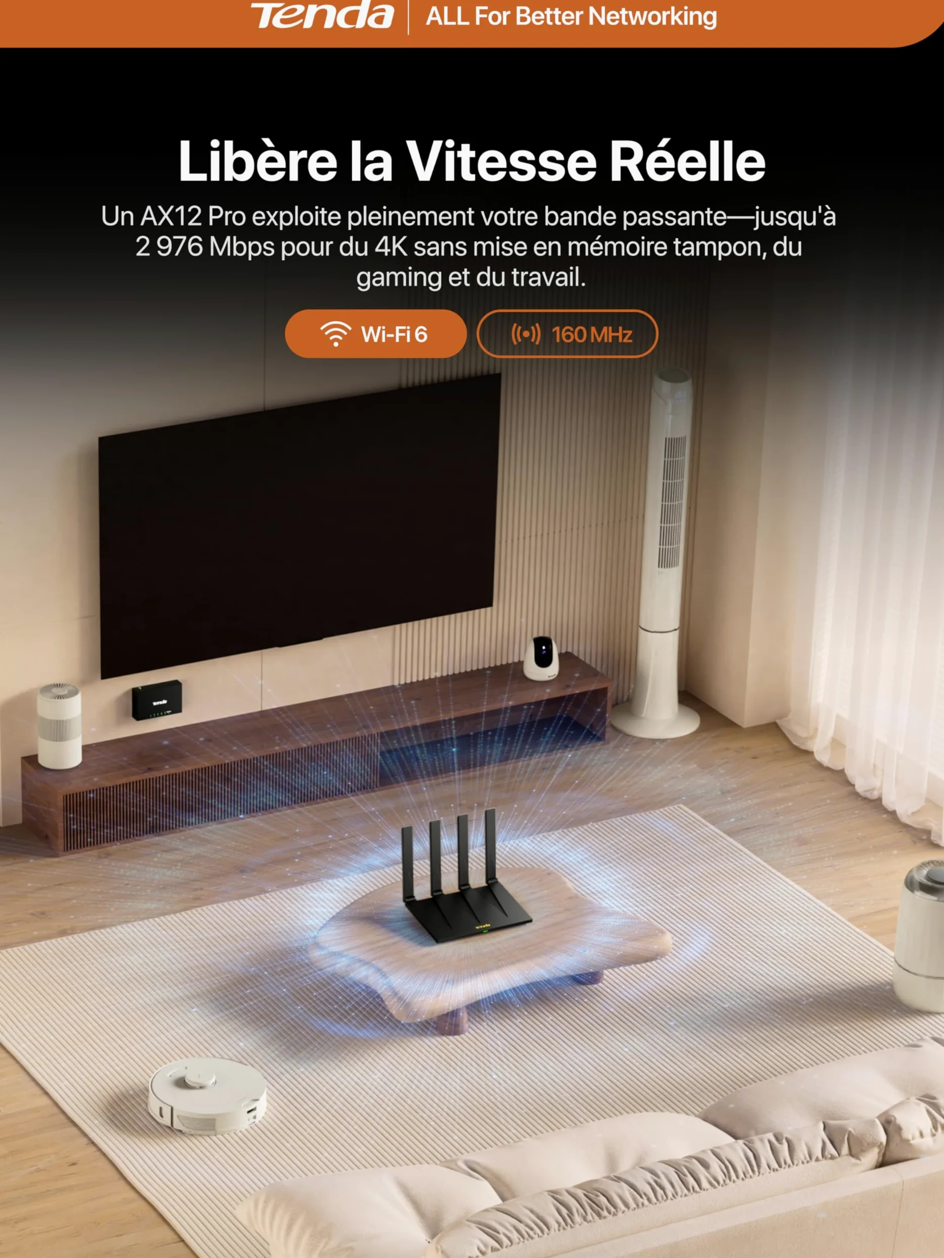 Tenda Routeur WiFi 6 AX3000 Dual Band Gigabit AX12 Pro, 5GHz : 2402Mbps + 2.4GHz : 574Mbps, 4 Ports Gigabit, EasyMesh, Contrôle Parental, MU-MIMO, OFDMA, VPN, Beamforming, NFC