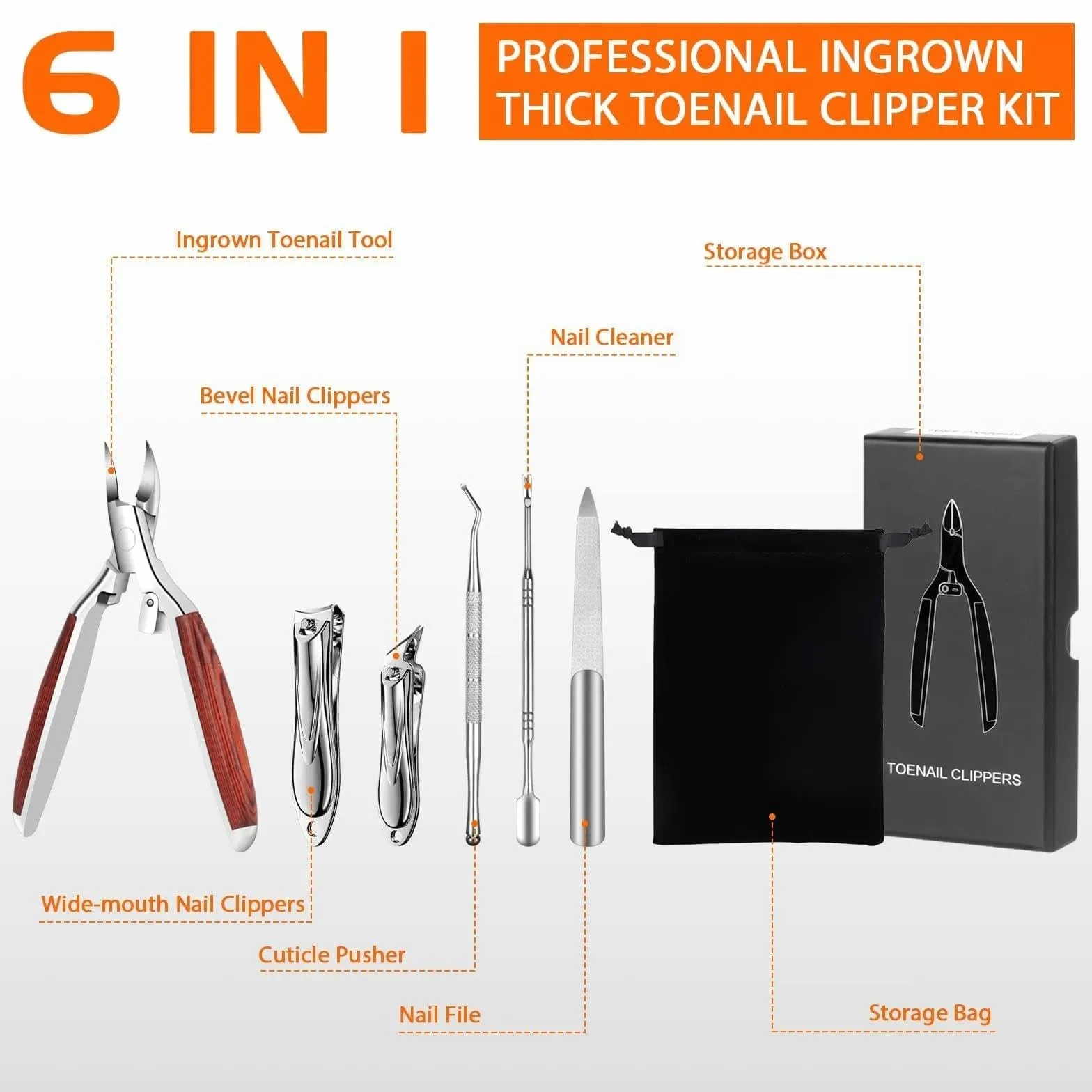Coupe Ongle Set Professionnel 6PCS Kit Pedicure Pied avec Manche en Bois Antidérapant Verrou Sécurité