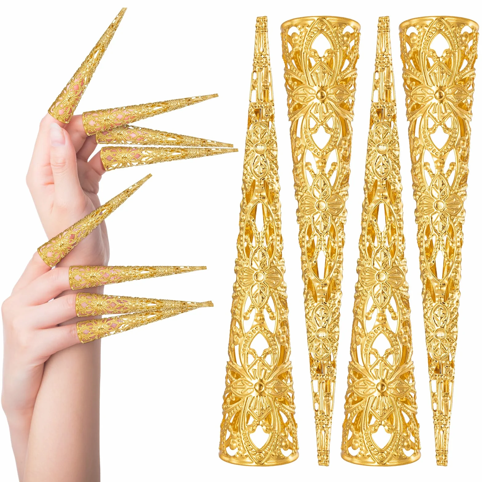 10 Pièces Doigt Ongle Griffe Anneaux Halloween Cosplay Métallique Faux Ongle Longs Costume Déguisement Doré Ancienne Reine
