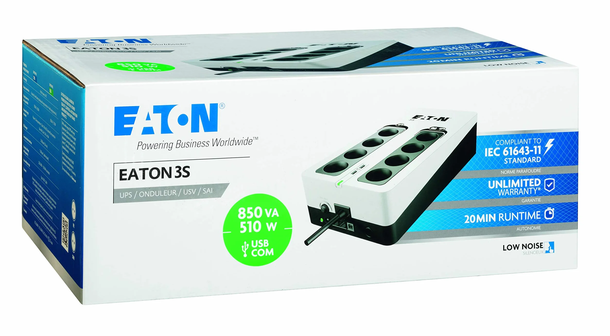 Eaton Onduleur Parafoudre 3S 850 DIN 850VA UPS Alimentation Sans Interruption USB Noir&Blanc