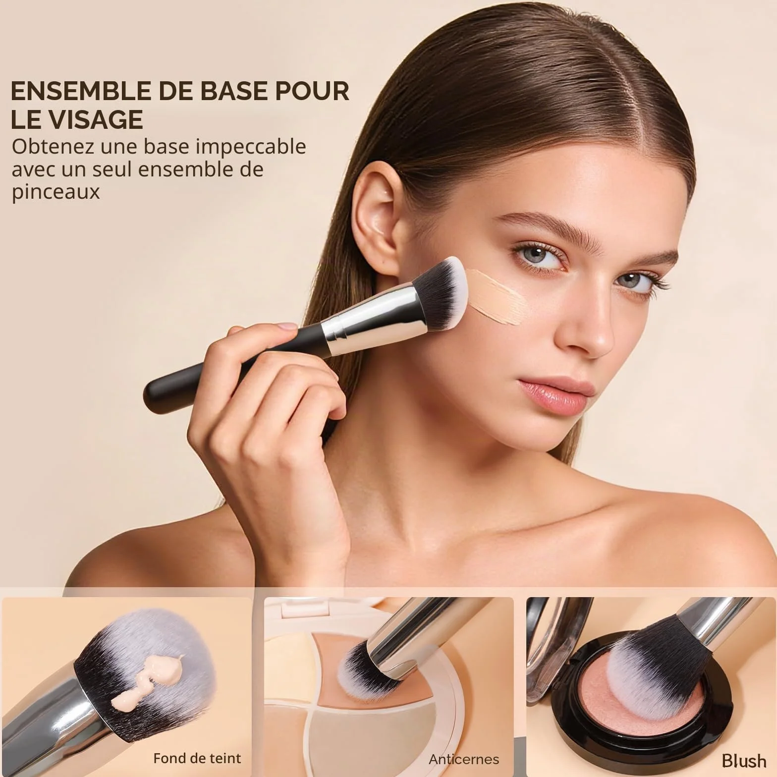 DUcare Lot de 3 pinceaux maquillage visage fond teint correcteur blush poils doux denses