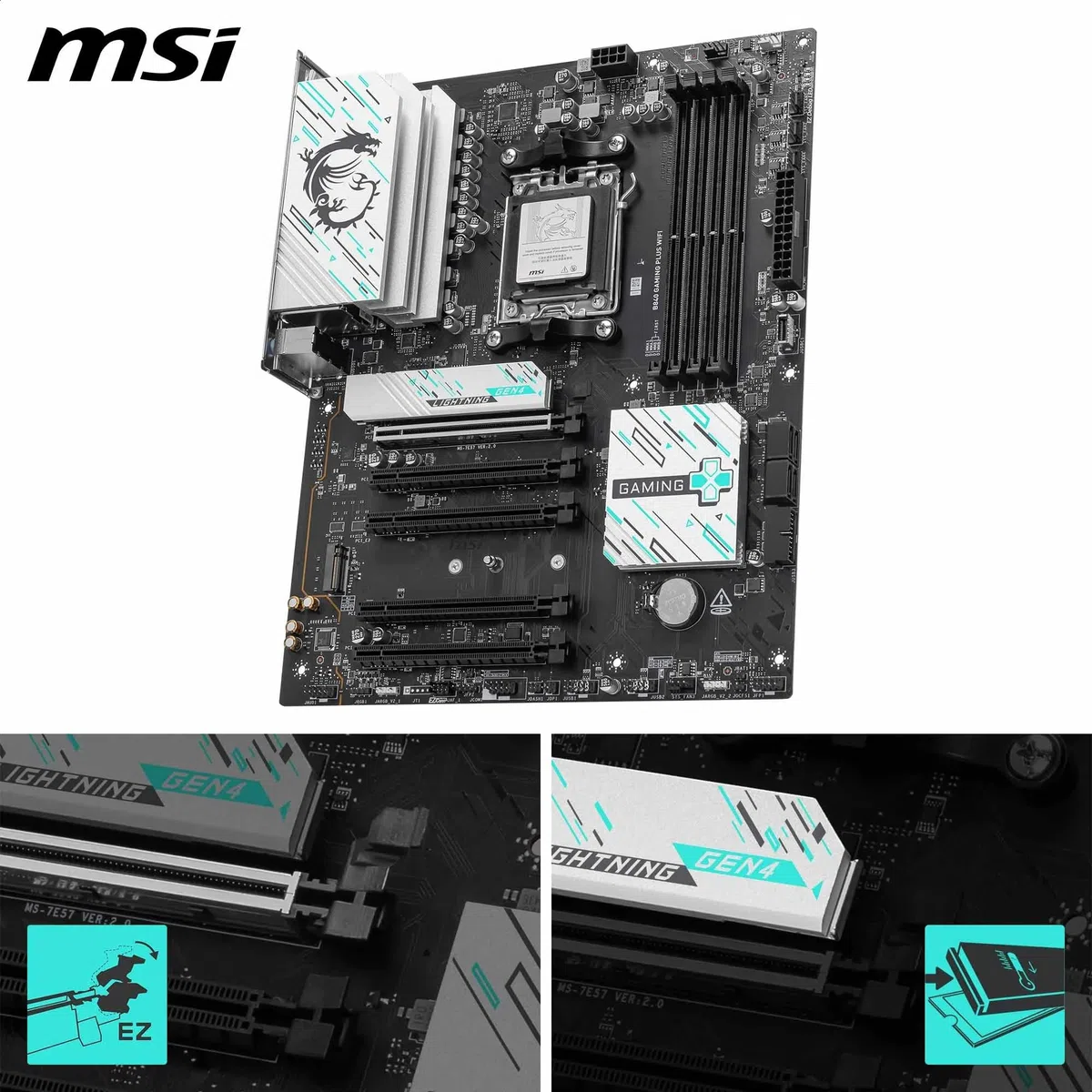 MSI Carte mère WiFi B840 Gaming Plus, ATX - Prend en Charge Les processeurs AMD Ryzen 9000/8000/7000, AM5 - DDR5 Memory Boost 8000+ MT/s (OC), PCIe 4.0 x16, M.2 Gen4, Wi-FI 7, 2.5G LAN