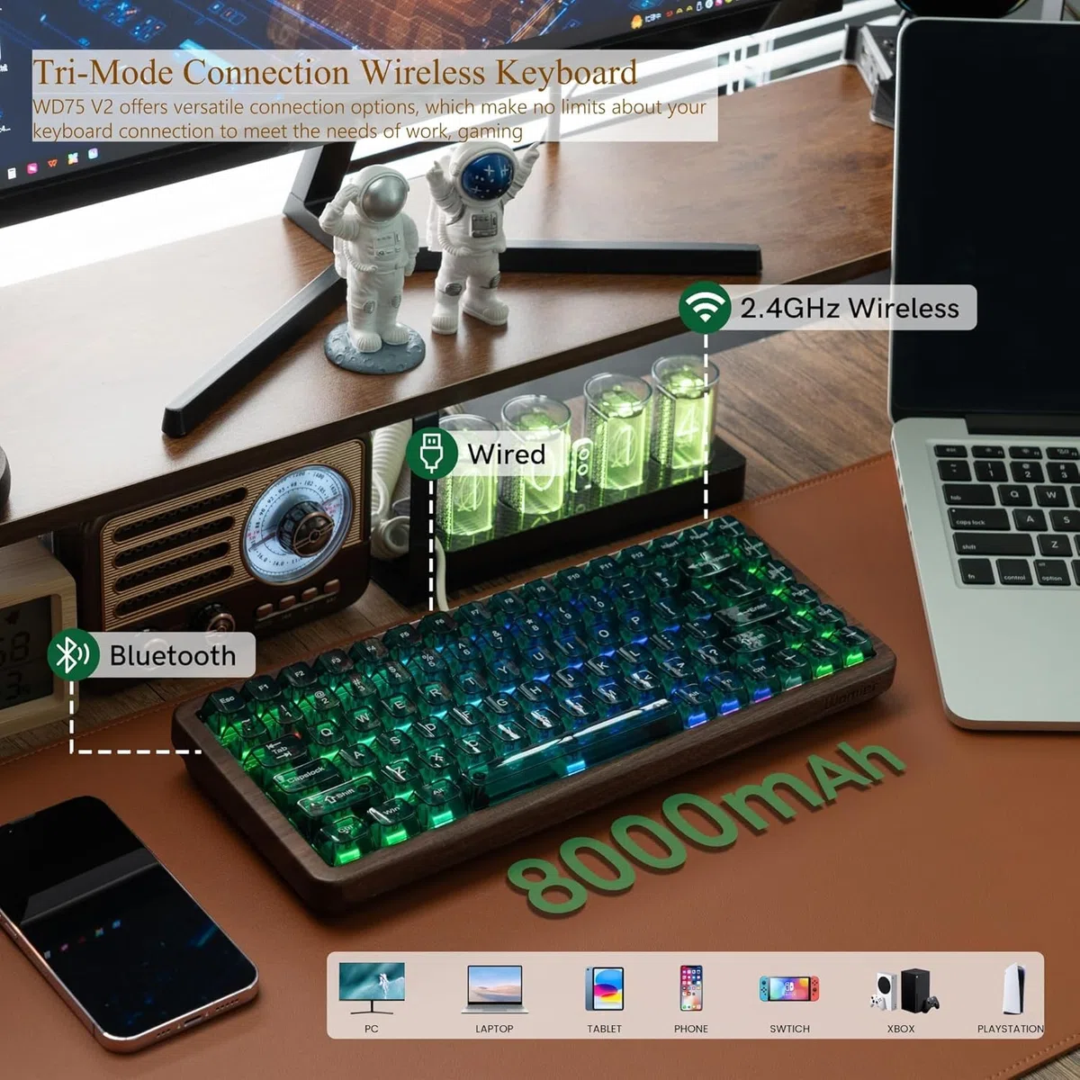 WD75 V2 Clavier mécanique en Bois 75% Tri-Mode, Via