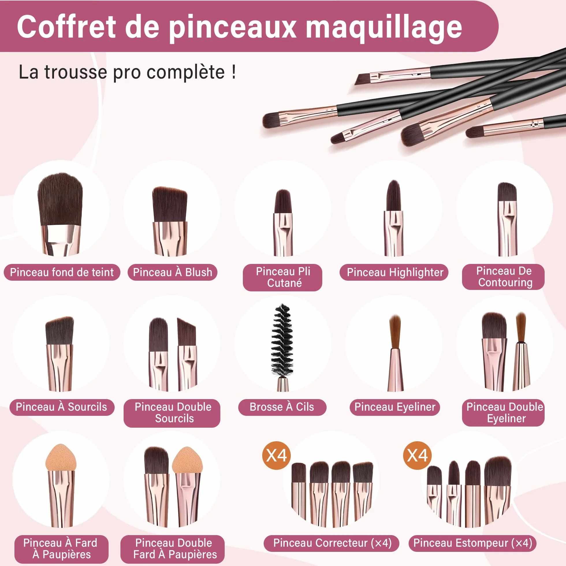 Kit Pinceaux Maquillage 20 Pièces Professionnels Fond de Teint Fard à Paupières
