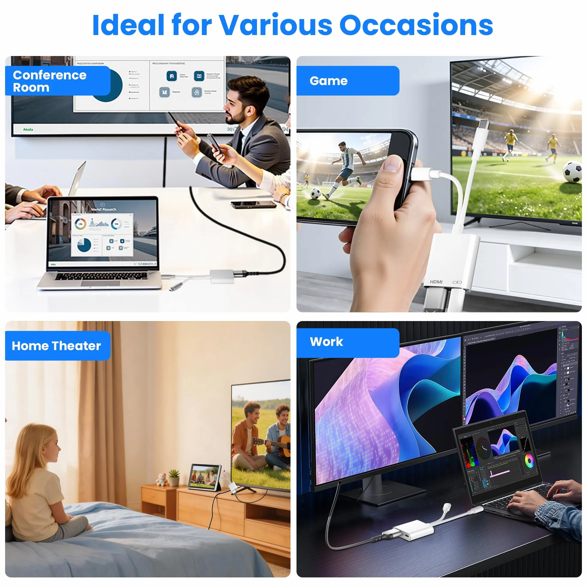 Adaptateur USB C et Lightning vers HDMI 4K@60Hz 100W pour iPhone 17/16/15/14 iPad MacBook Certifié MFi