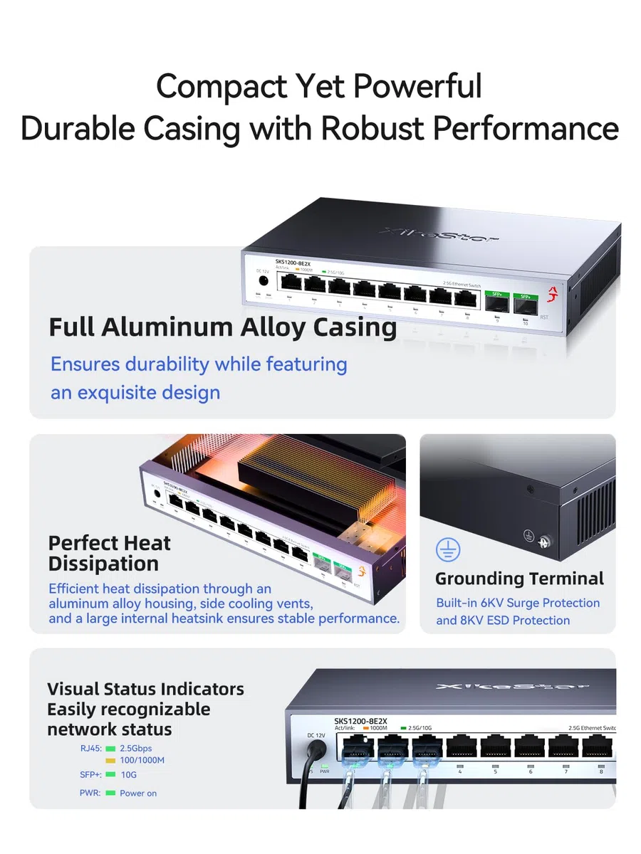 Commutateur Ethernet non géré 8 ports 2,5 G avec 2 x 10 G SFP+, commutateur réseau 2,5 Gigabit, concentrateur Ethernet 2,5 Go, Plug & Play, boîtier en métal, support de bureau/mural