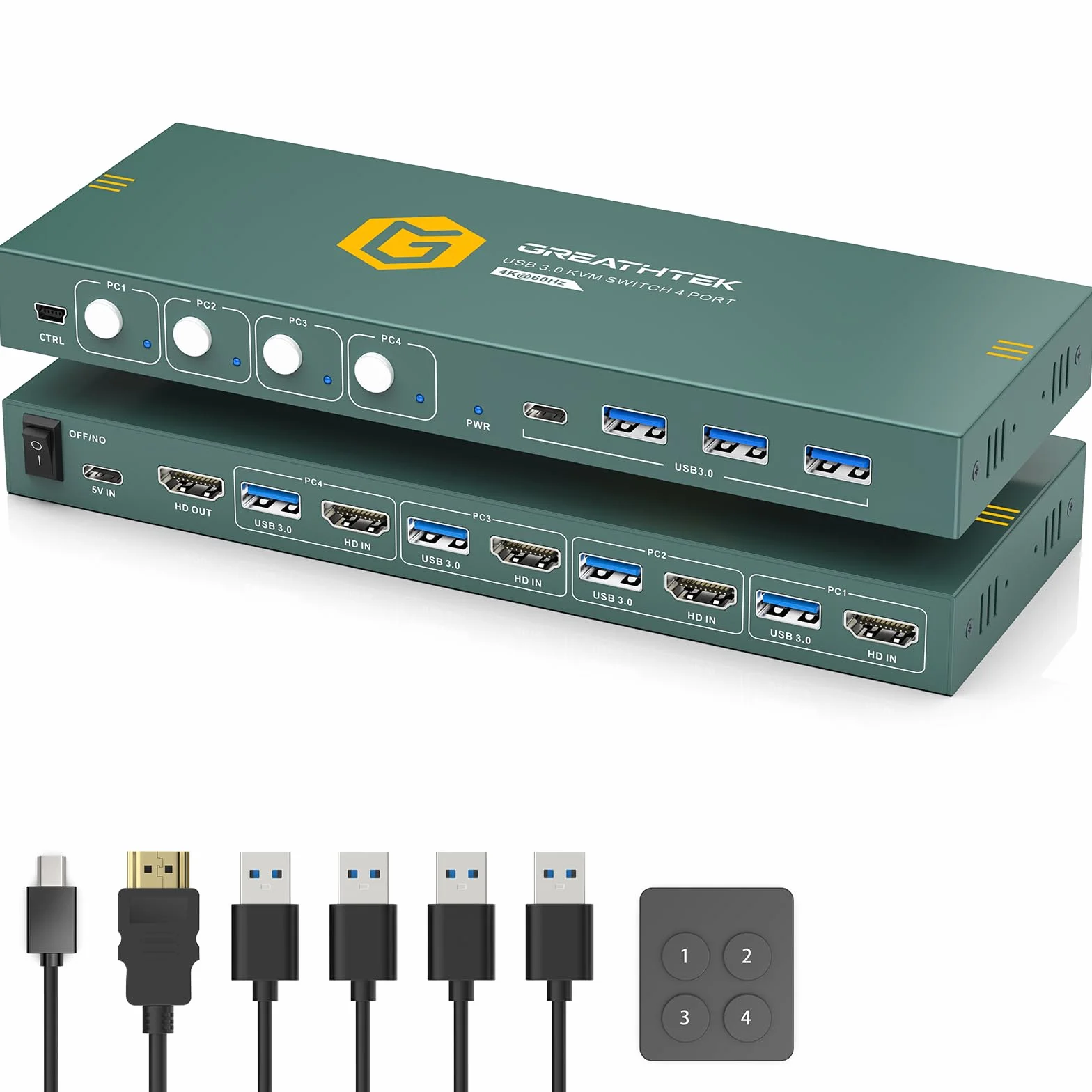 USB3.0 KVM Switch 4 PC 1 Moniteur 4K@60Hz, Commutateur KVM HDMI | 4 Ports USB 3.0 (3x USB-A + 1x USB-C), Support EDID, Contrôleur de Bureau, Bureau, IT, Programmation, Trading, Montage Vidéo
