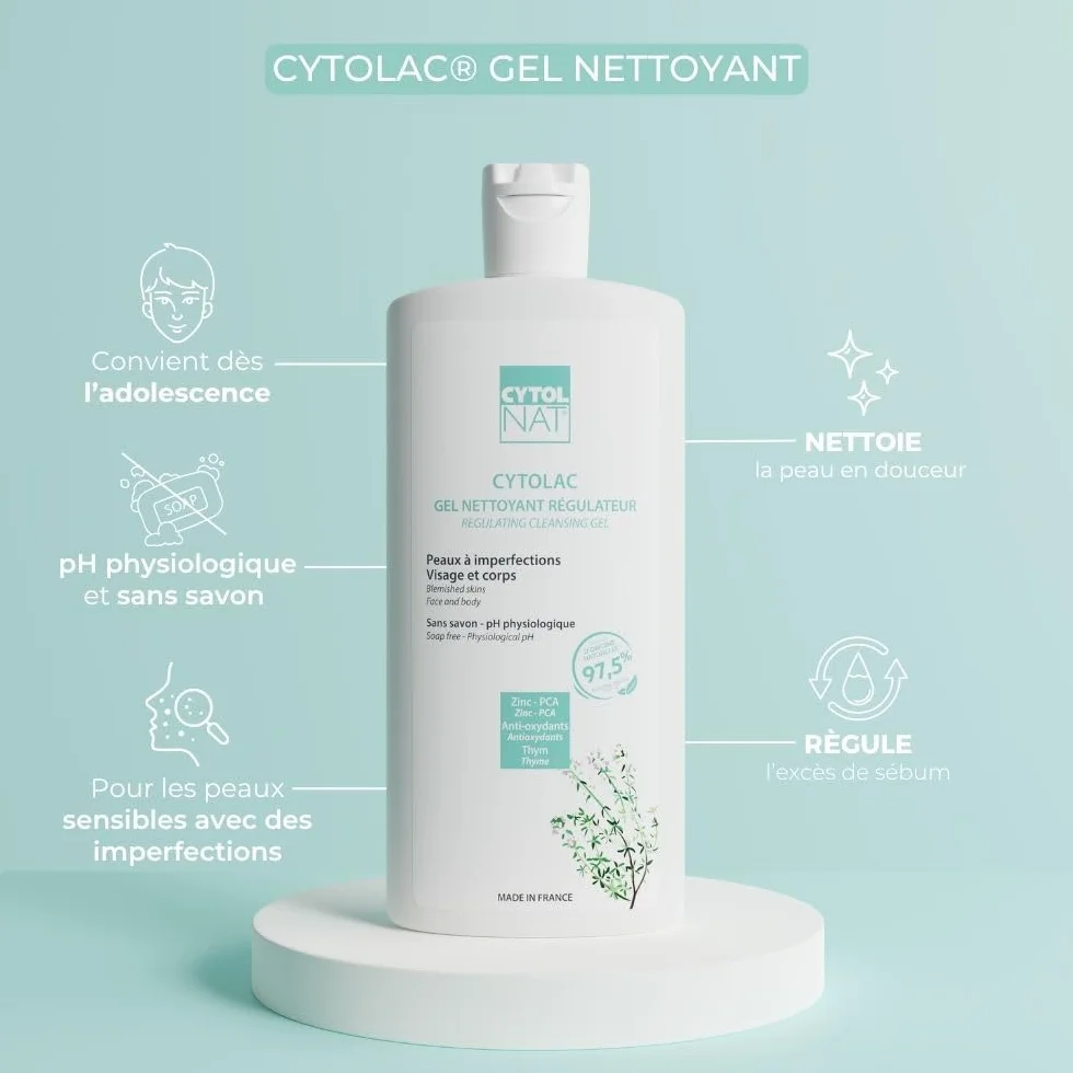 CYTOLNAT Cytolac Gel Nettoyant 250 ml - Nettoie en Douceur et Régule l’Excès de Sébum - Sans Savon - Peaux Sensibles, Mixtes à Grasses