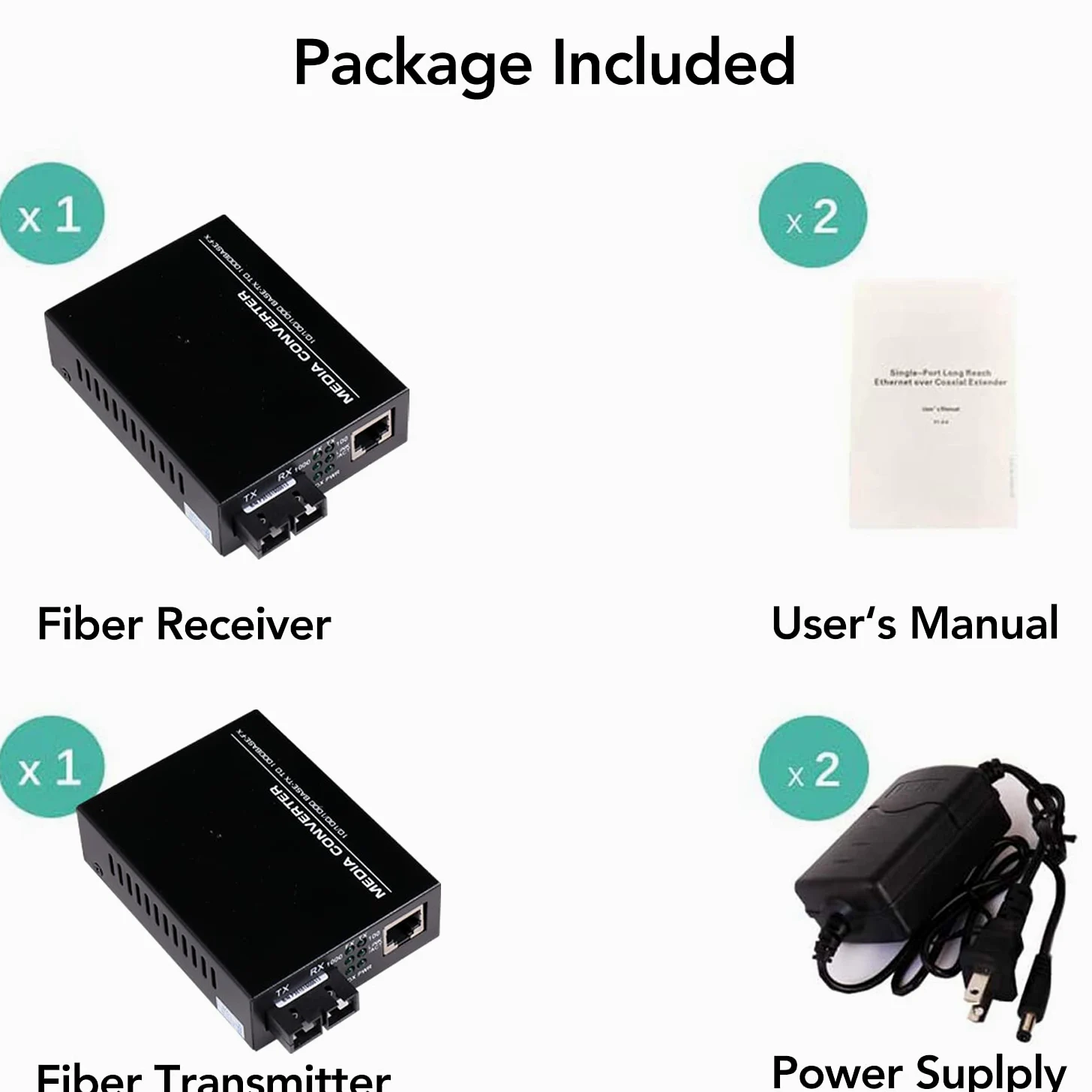 Lot de 2 convertisseurs de médias Gigabit Fast Ethernet multimode double SC Fiber - Mini 1 émetteur-récepteur RJ45 10/100/1000Base-T vers 1000Base-SC, jusqu'à 2 km 1310 nm, AC 100 V ~ 240 V