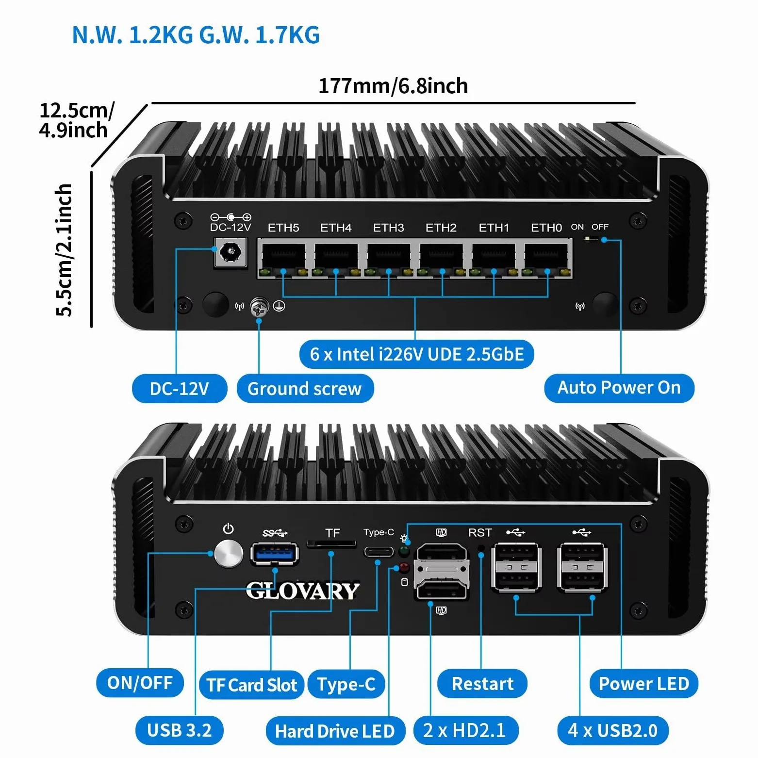 N150 Mini PC Firewall (N100 Upgrade), 6 x 2.5 GoE i226V LAN Fanless OPNsense Router Computer, DDR5 8 Go RAM 128 Go NVMe SSD, AES-NI, 2HD + USB-C 3 Display, 2 x M.2 NVMe Slot