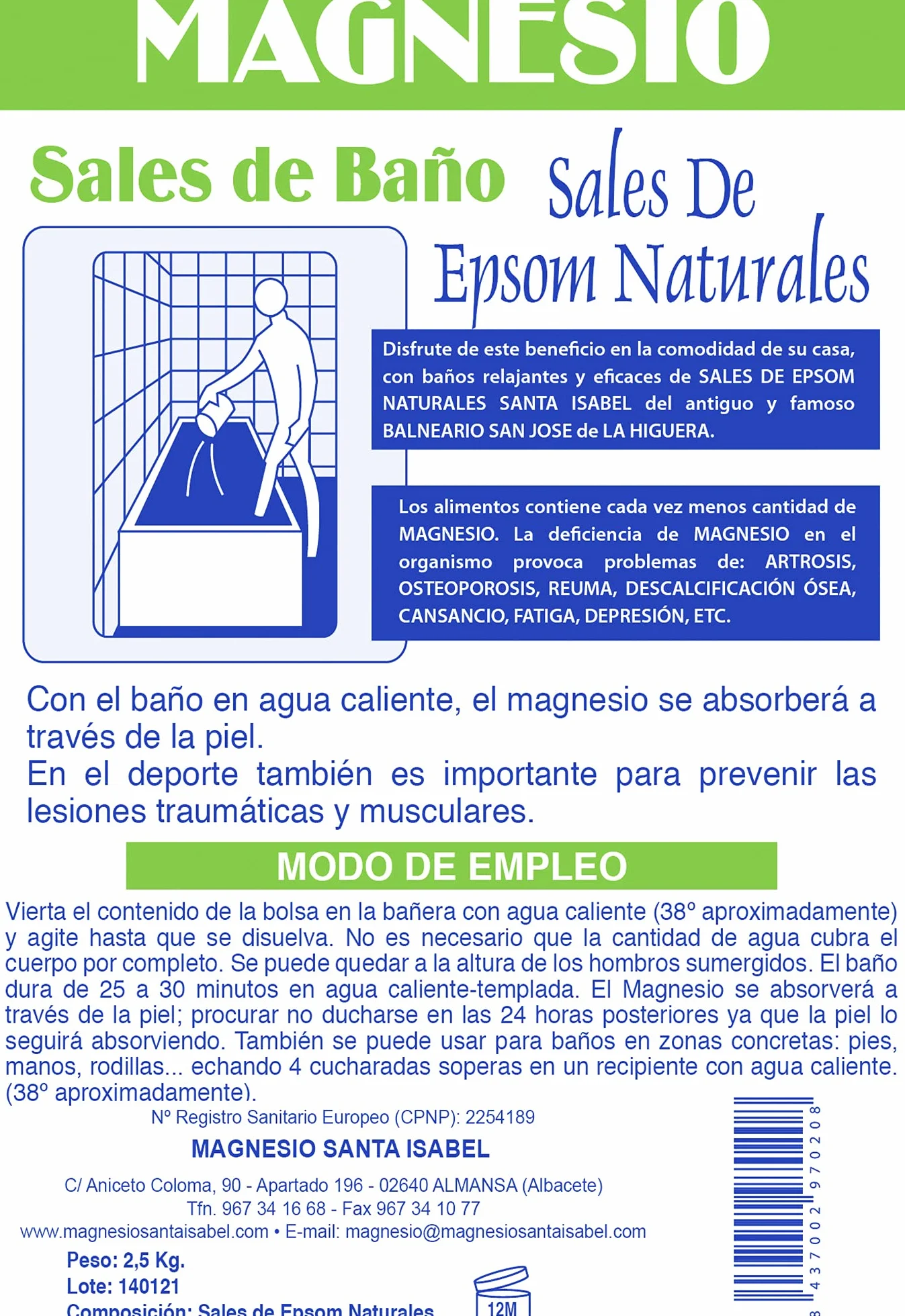 Sel d'Epsom Naturel 2,5 kg - Sulfate de Magnésium Pur Santa Isabel pour Bain Relaxant et Récupération Musculaire