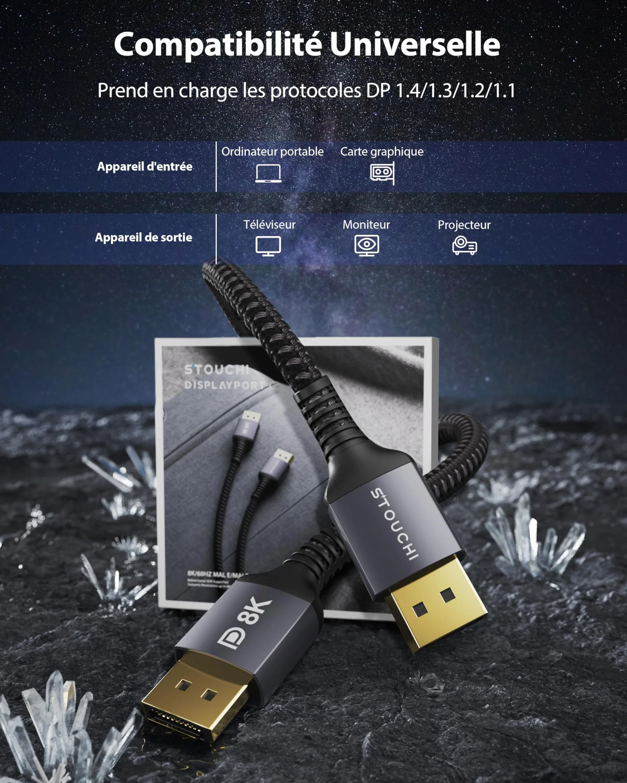 Câble DisplayPort 1.4 2M 8K HDR10 FreeSync G-Sync
