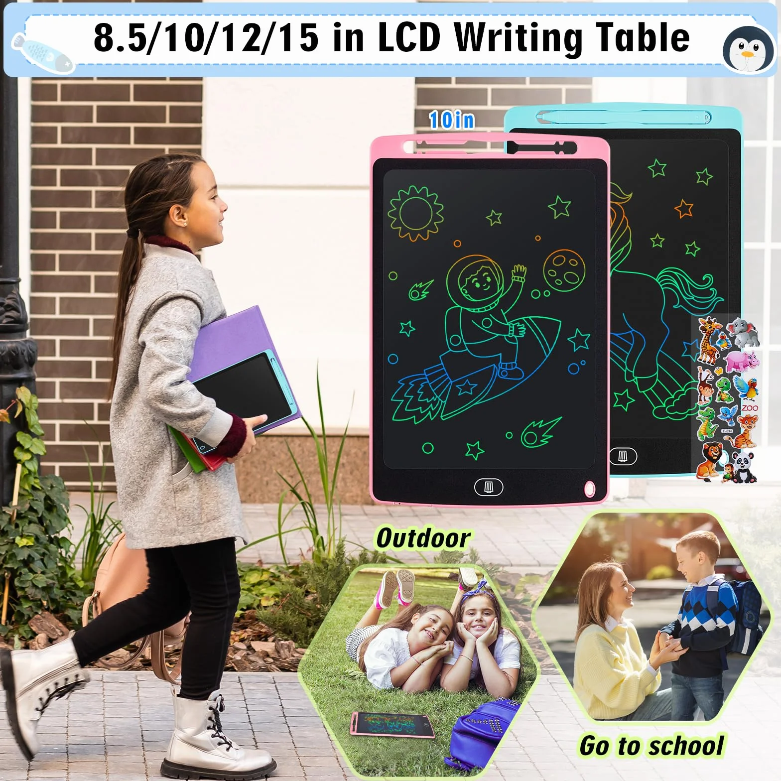 Tablette D'écriture LCD 10 Pouces avec Ecran Coloré, Bloc Effaçable Autocollants Animaux pour Enfants 3-6 Ans, Bleu + Rose