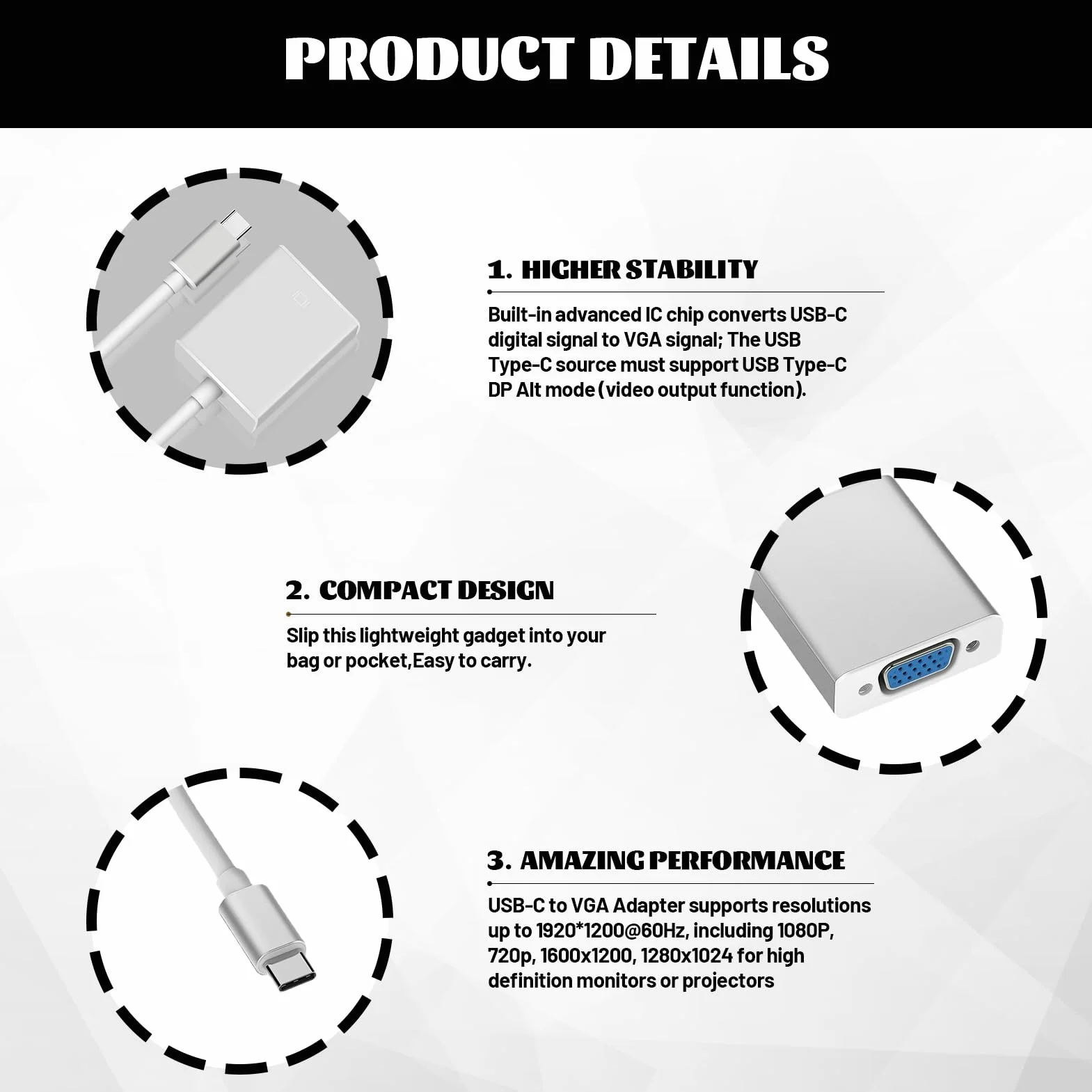 Adaptateur VGA USB-C Type C pour MacBook Pro Air iPhone 15 Plus Pro Max