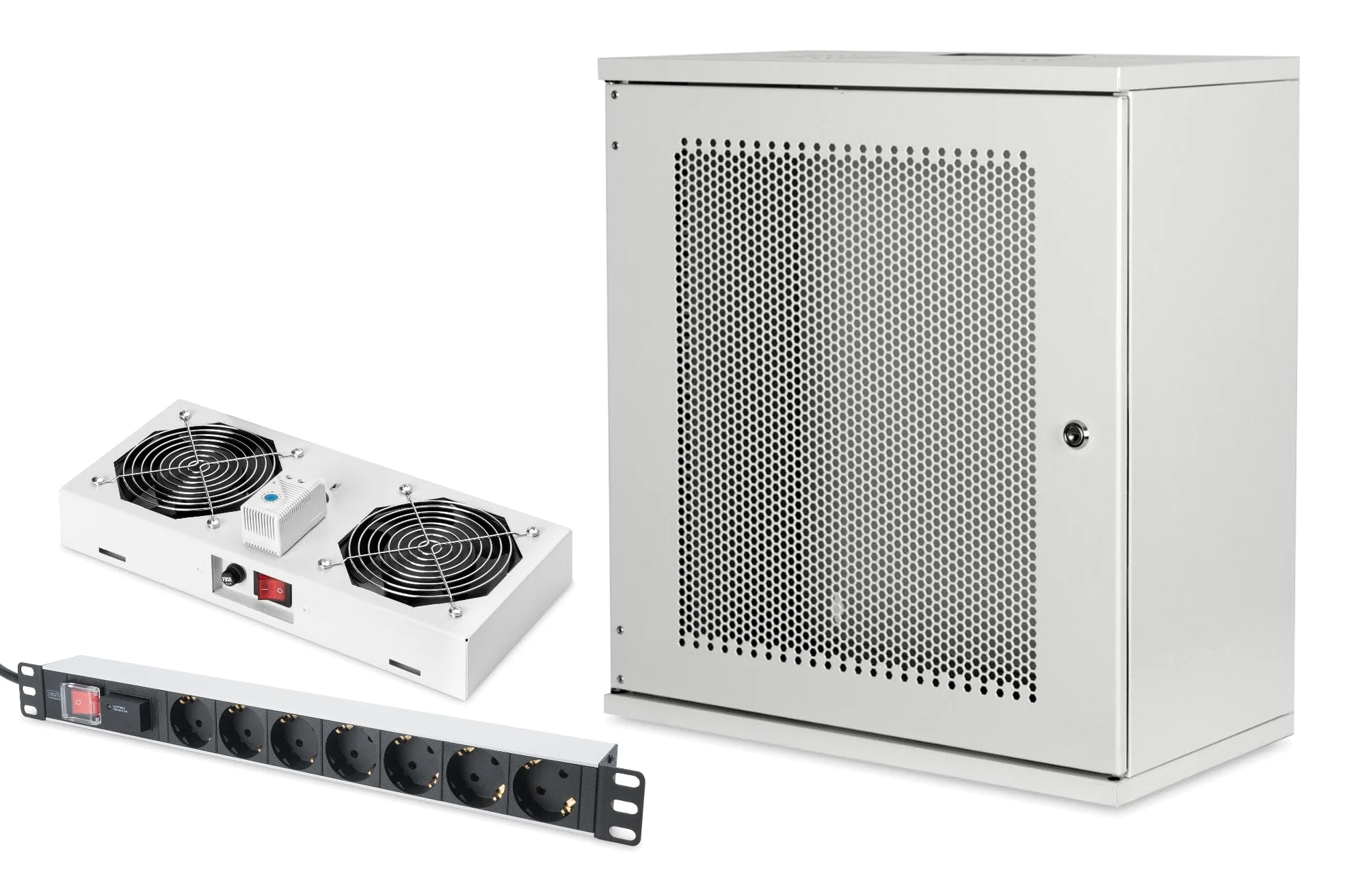 DIGITUS Set: Armoire réseau 19" 12U + Ventilateur de Toit + Bloc multiprise 7 Ports // Rack 19 Pouces - Non monté - Montage Mural - Charge 60 kg - Profondeur utile 170-270 mm - Porte Acier
