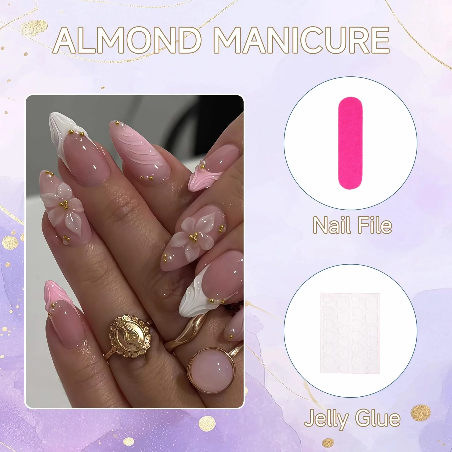 Set manucure 24 pièces ongles pressés French tip rose perles dorées paillettes fleurs 3D gel faux ongles réutilisables
