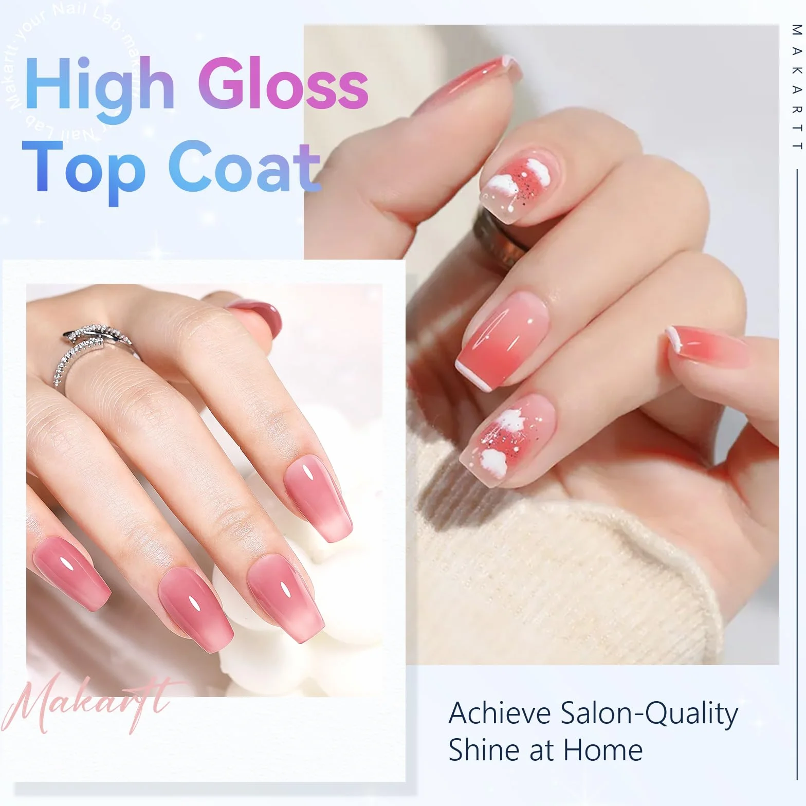 Makartt Top Coat Semi Permanent UV Gel No Wipe Longue tenue Finition brillante Vernis à ongles