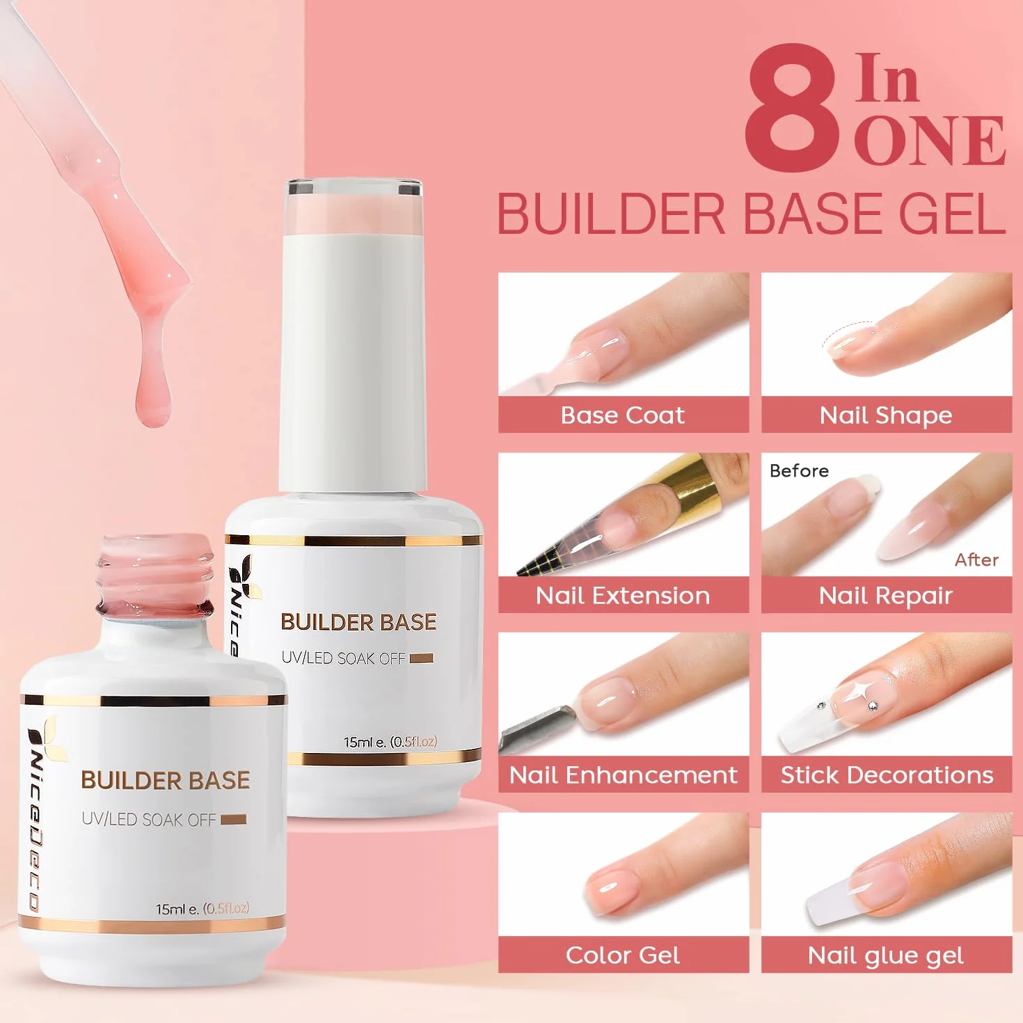 Nicedeco 15ml Gel Construction Ongle UV 8 en 1, Gel Builder Base de Renforcement, Rose Nu