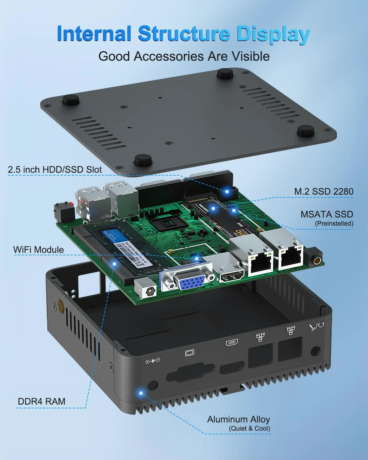 FANPEEC Mini PC sans Ventilateur J5005 8Go DDR4 128Go MSATA SSD | PC Industriel Win11 Pro, 4K HD+1080p VGA, 2xLAN, 4xUSB, WiFi5 BT4.2, Fanless PC Pour Serveur Professionnel/Domestique