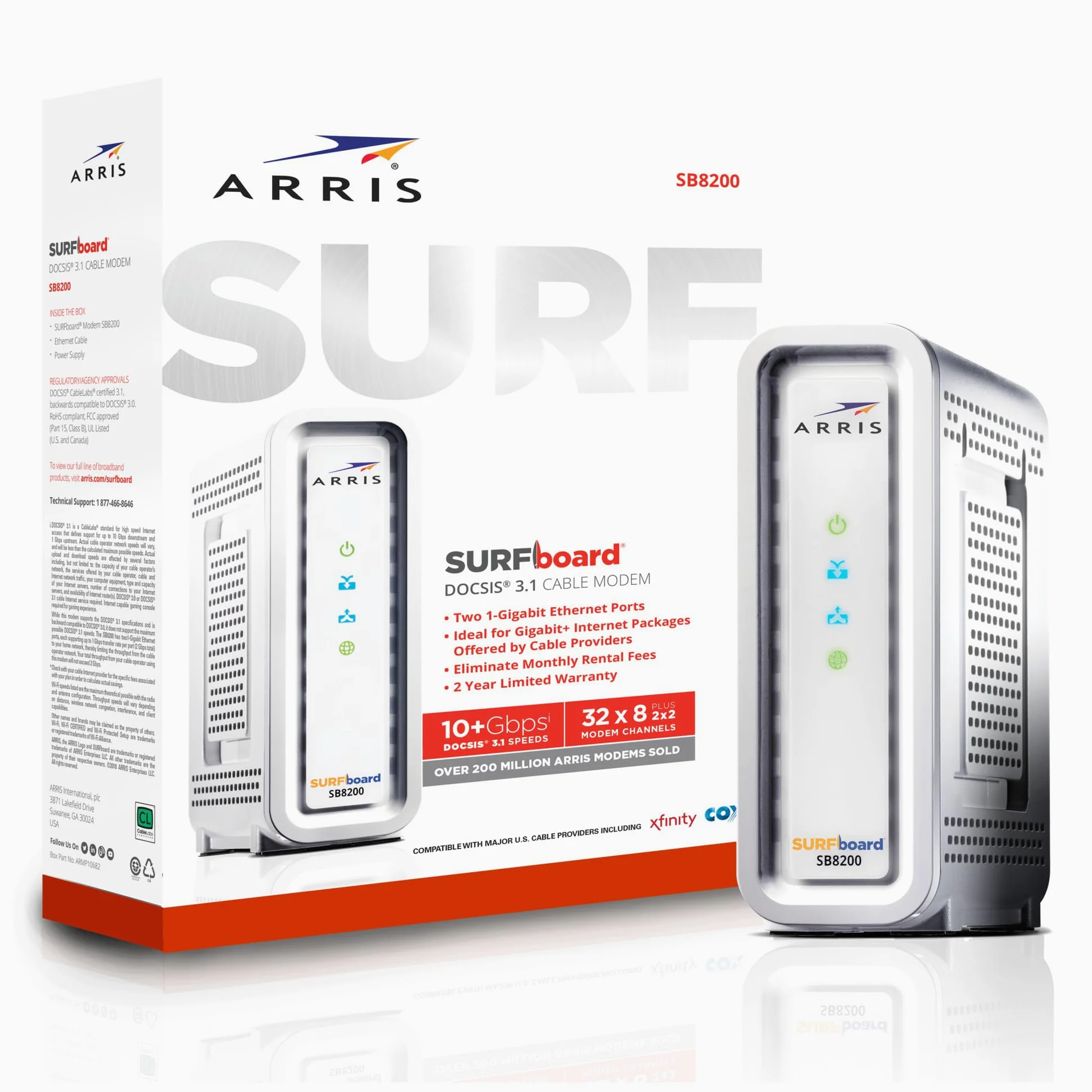 Arris Surfboard SB8200 – Renewed – DOCSIS 3.1 Modem câble, approuvé pour Comcast Xfinity, Cox, Charter Spectrum et Plus Encore, Deux Ports 1 Gbit/s, Vitesse Internet maximale 1 Gbit/s, 4