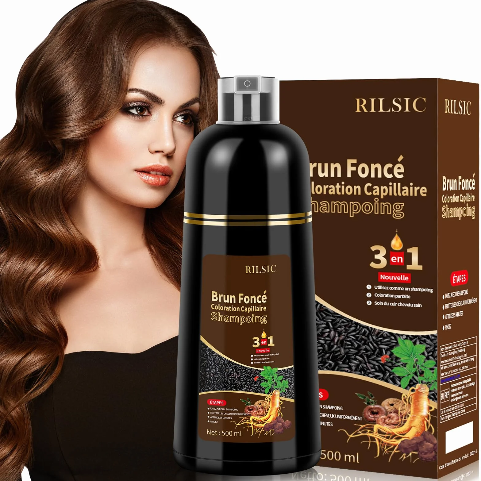 Shampoing Colorant Chatain Foncé 500ml, Shampooing Teinture Cheveux Blancs, Dark Brown Hair Dye Shampoo 3 in 1