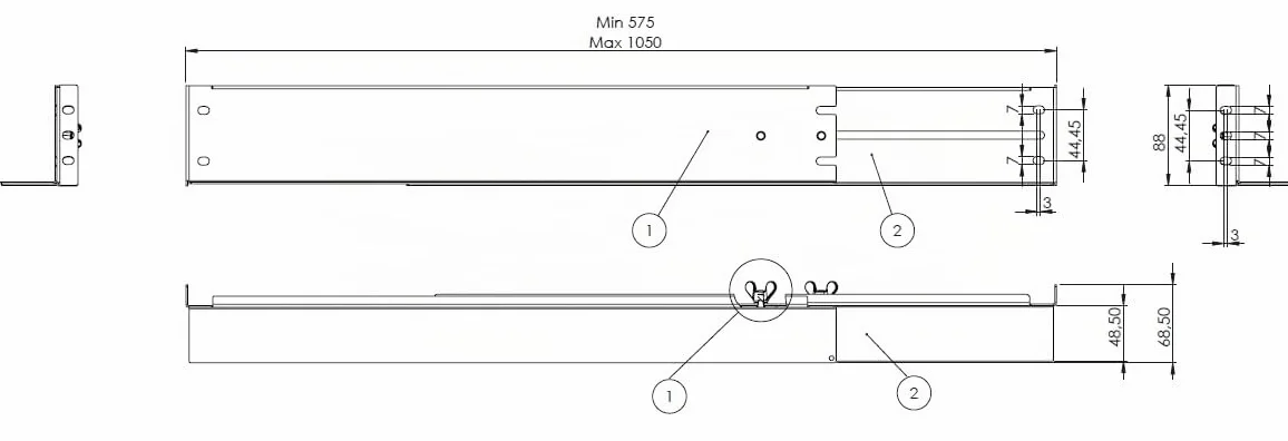 SABAJ M&D Rails 2U renforcés pour Rack 19 Pouces, Profondeur 800-1200 mm, Charge 80 kg, Acier 19-0059