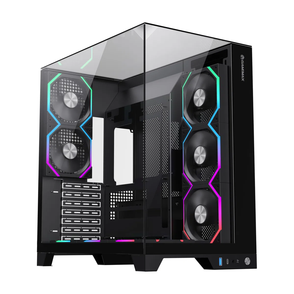 GAMEMAX Infinity Pro ATX Boîtier PC Verre trempé, 5 Ventilateurs ARGB PWM préinstallés, USB 3.0 et Type-C, Prend en Charge Aura Sync & BTF(Noir)