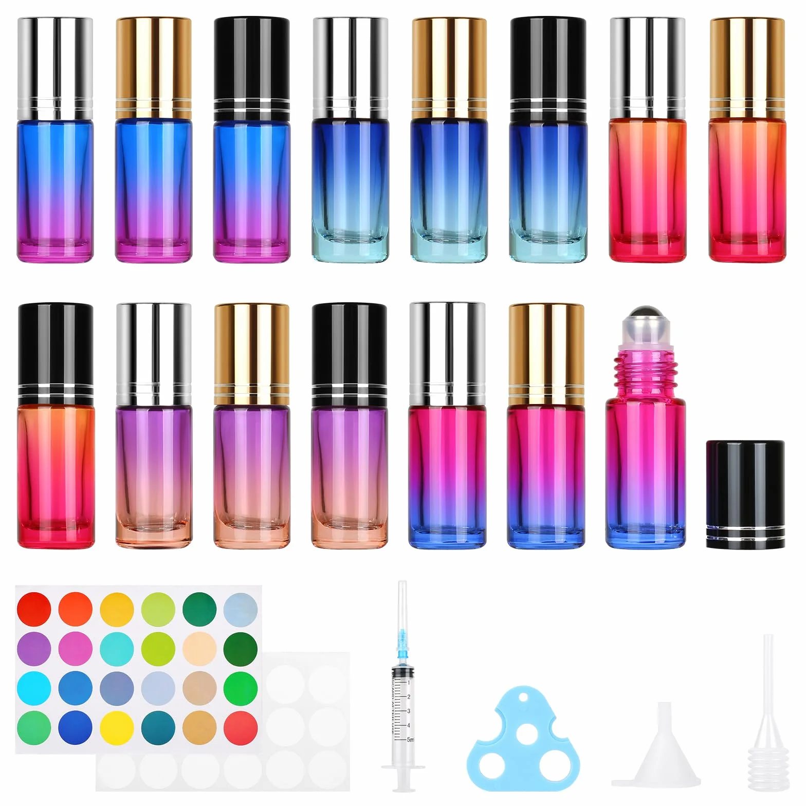 Flacon Roll on Vide 5ml Gradient Verre avec Bille Acier Inoxydable Stickers Parfums Aromathérapie Massage Voyage 15 Pièces