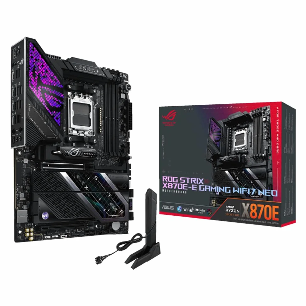 ASUS ROG Strix X870E-E Gaming WiFi7 Neo AMD ATX Carte mère (AMD AM5, 18+2+2 Niveaux de Puissance, DDR5, 5X M.2 Slots, M.2 Q-Release, PCIe 5.0, 2X USB4, USB 10Gbps Type-C, Aura Sync RGB)