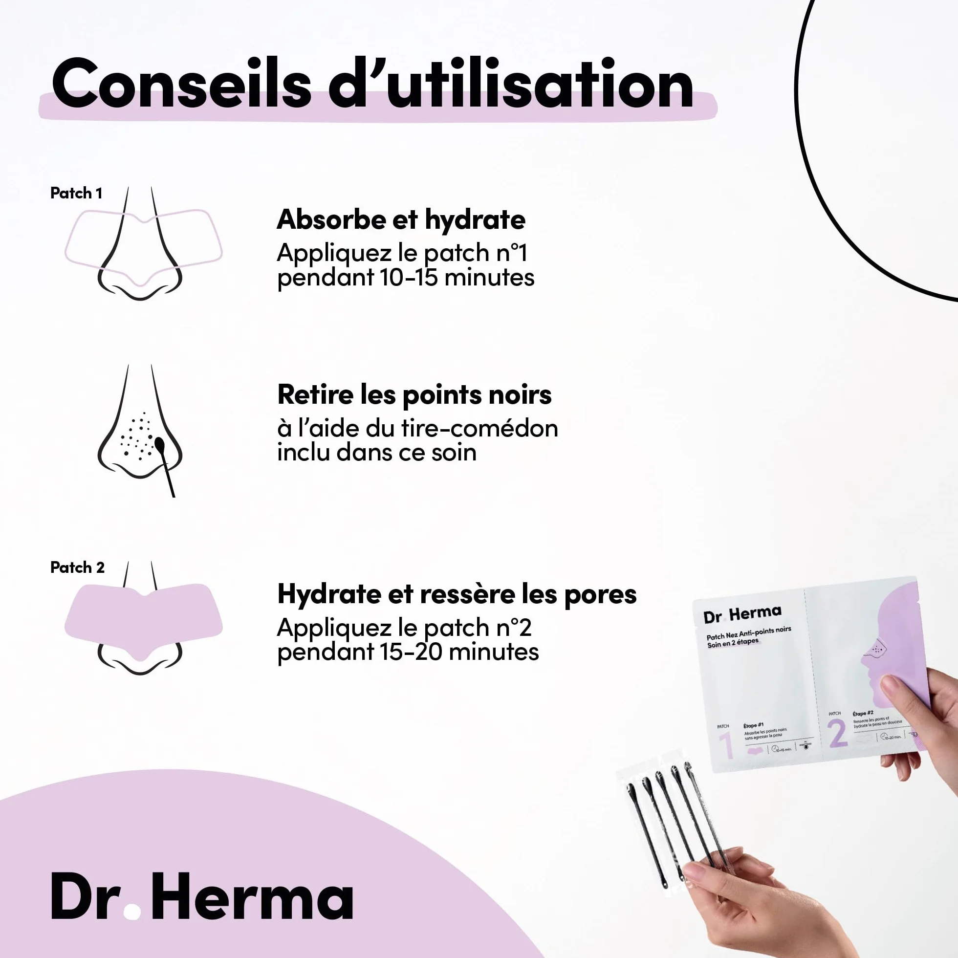 Dr Herma Patch Nez Point Noir 2 étapes Format Nez Purifie Désincruste Ressere les Pores Patch Nasal Anti Imperfection Visage