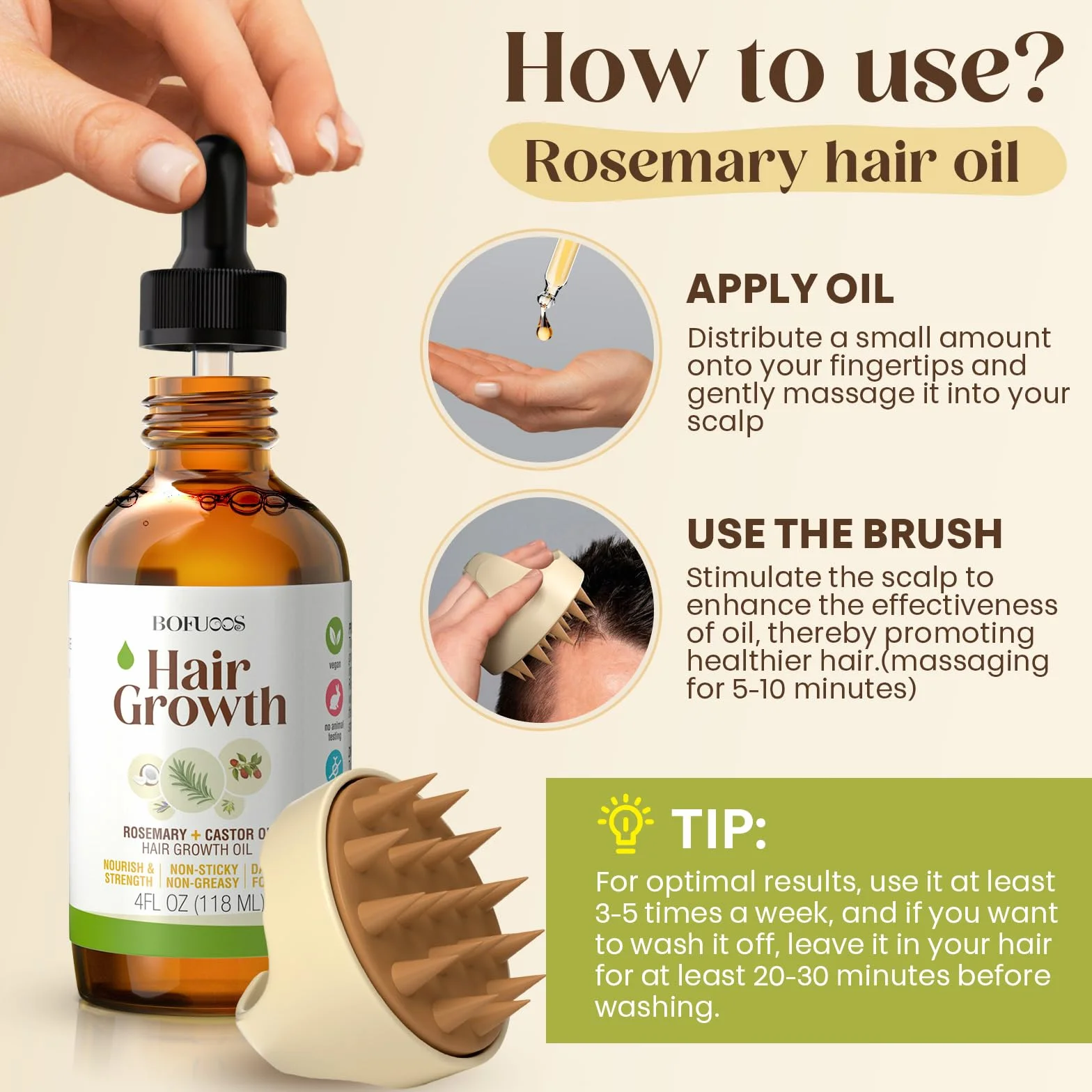 Huile de Ricin Bio Pressée à Froid, Huile de Romarin pour Cheveux avec Brosse Massage Cuir Chevelu, 118 ml