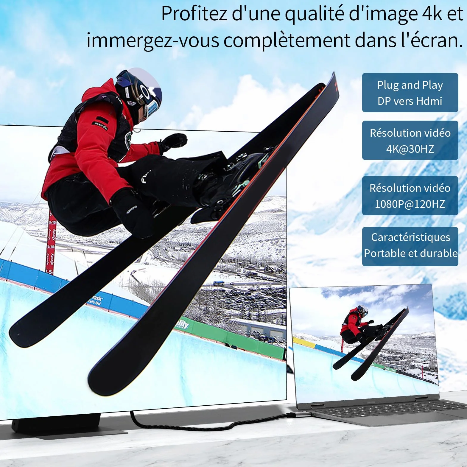 Câble DisplayPort vers HDMI 4K 2M tressé Nylon unidirectionnel pour PC, Dell, HDTV, projecteur