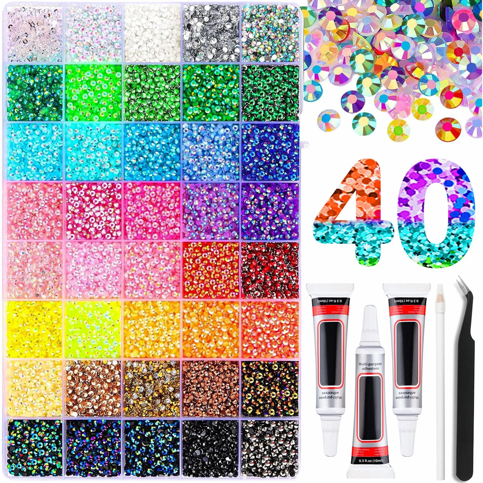 Kit Strass à Coller 32000PCS 40 Couleurs 3 mm avec Colle et Stylo pour Nail Art DIY