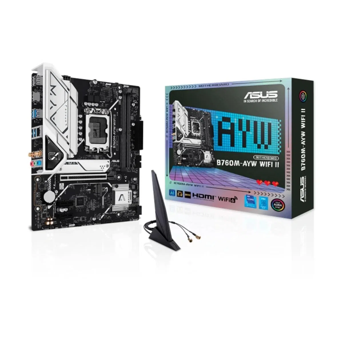 ASUS B760M-AYW WiFi II, Carte mère Intel mATX, LGA 1700, Emplacement DDR5, PCIe 5.0, Deux emplacements M.2, Ethernet Realtek 2.5Gb, Wi-FI 6, HDMI 2.1, SATA 6 Gbps, Ports USB Avant 5 Gbps, Aura Sync