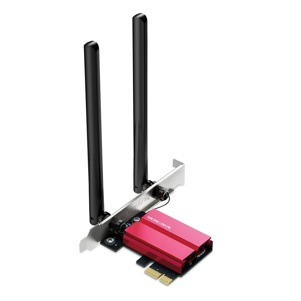 MERCUSYS Adaptateur PCIe WiFi 6E AXE5400 Bluetooth 5.2 Vitesse 2402 Mbps (6 GHz) + 2402 Mbps (5 GHz) + 574 Mbps (2,4 GHz) 2 antennes externes à Double Bande Gain élevé