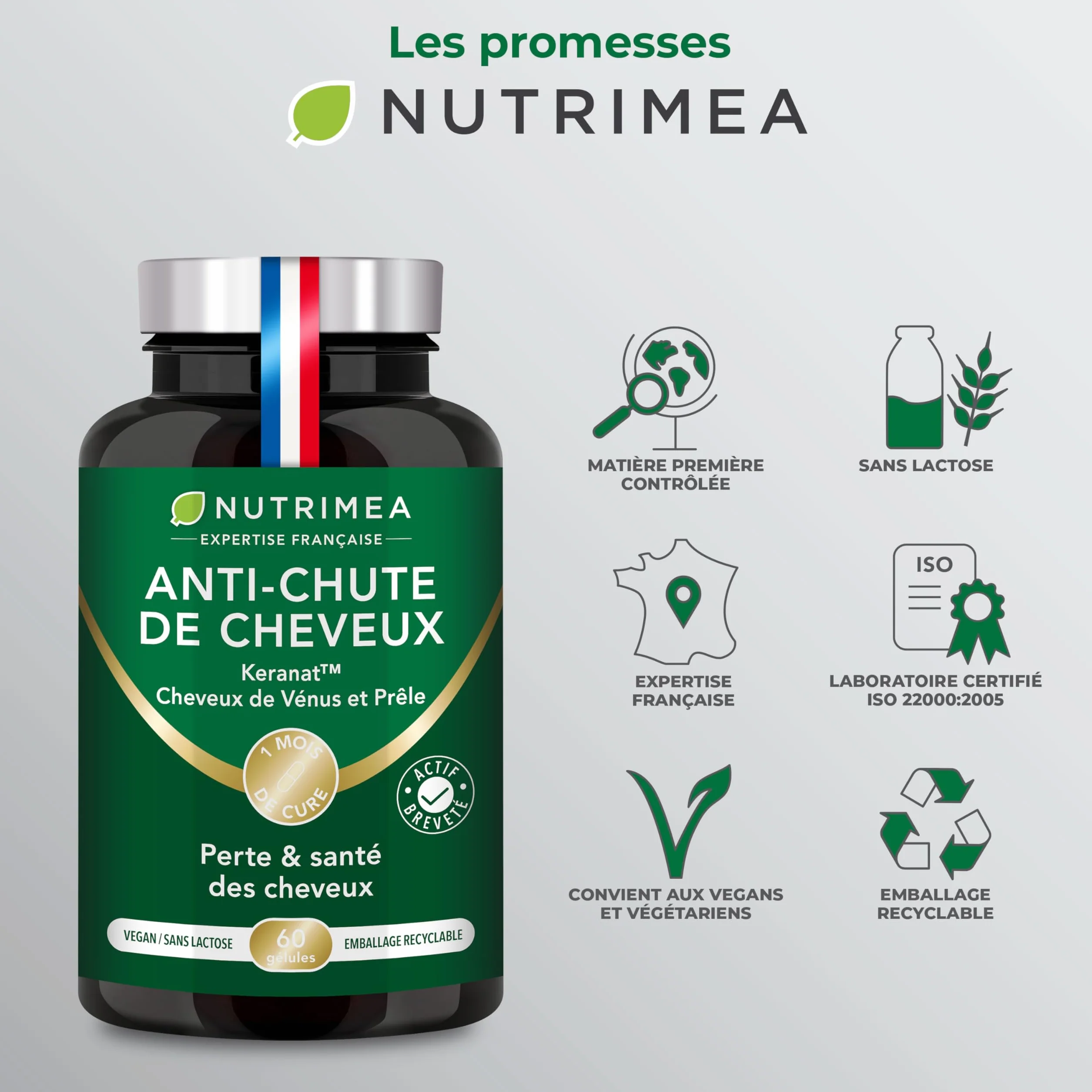 Nutrimea ANTI CHUTE DE CHEVEUX Pousse Fortification Cheveux Kéranat™ 60 Gélules Fabrication Française